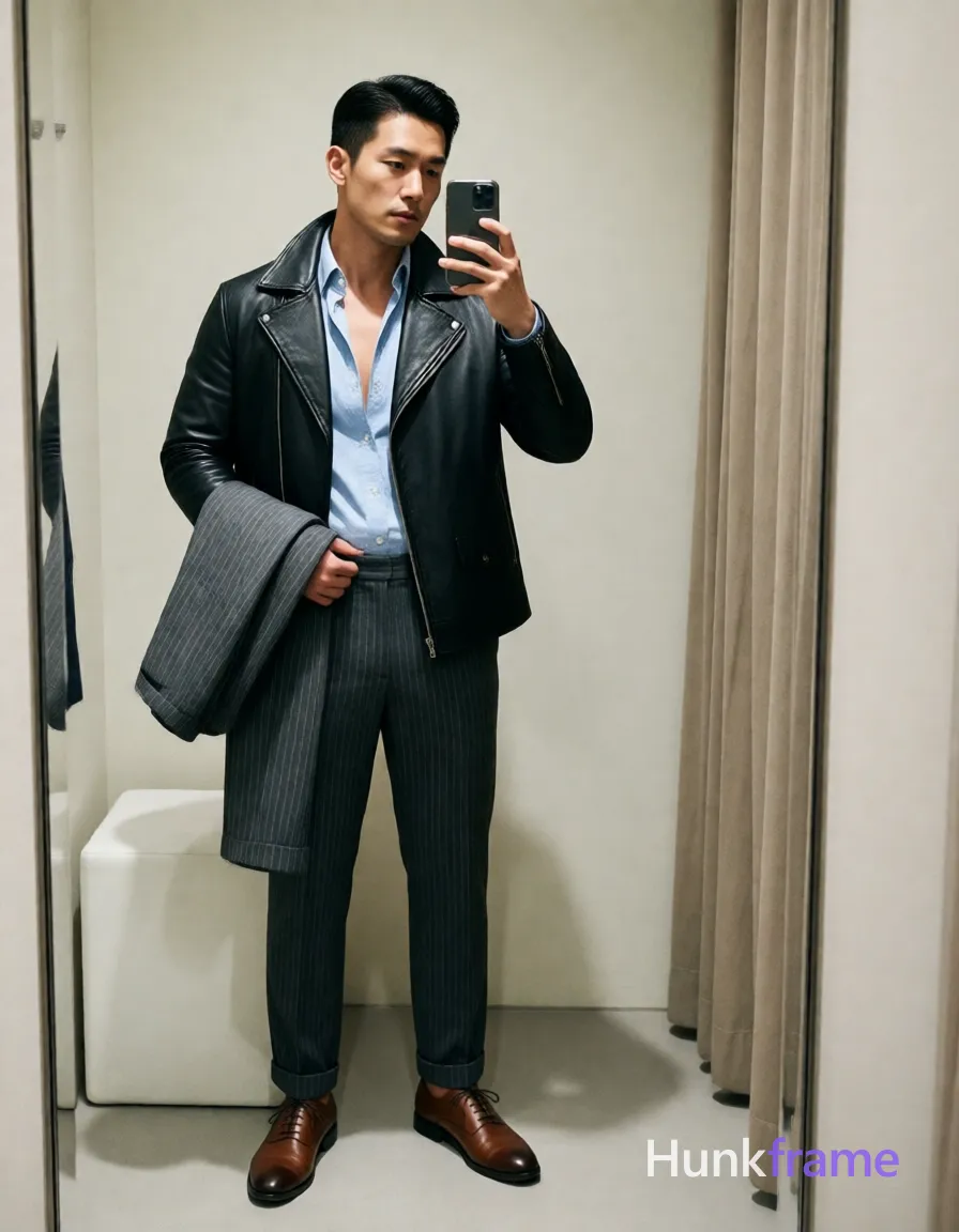 Asian man in a premium fashion editorial, standing upright facing a full-length mirror holding smartphone with right hand raised to capture reflection; left hand holds folded gray pinstripe trousers by waistband near hip; Wearing black leather jacket with wide collar and structured shoulders worn open over light blue button-down dress shirt with top two buttons undone revealing upper chest and collarbone area, dark gray pinstripe trousers cuffed at ankles, brown cap-toe oxford shoes; Indoor retail fitting room or boutique mirror area with neutral off-white walls, beige curtain to right, white cube stool adjacent to subject's left leg; Soft ambient indoor lighting casts slight directional shadows from jacket and phone; clean composition with slight reflection distortion on left side of frame; Monochrome palette accented by earthy brown footwear, composed understated luxury atmosphere; single clean uninterrupted photograph with a cohesive editorial composition and plain continuous surrounding surfaces