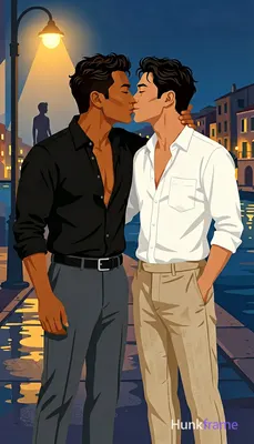 Bold flat-color wall art graphic of two adult Asian men in vertical portrait; Le
