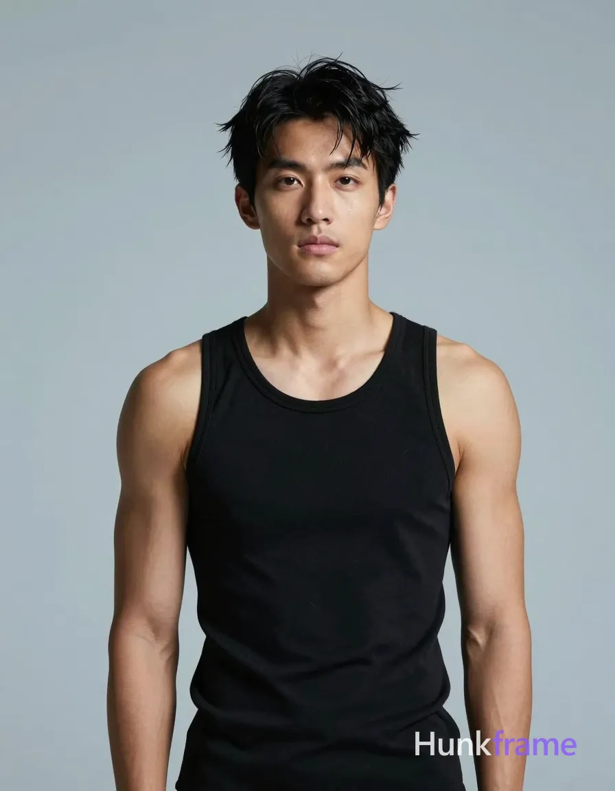 an anonymous figure man with light to medium tan skin and short dark black hair slightly tousled on top, wearing a smooth form-fitting black sleeveless tank top; He stands upright facing forward in high-contrast studio lighting against a plain light blue-gray gradient wall; The composition is a centered chest-up portrait from mid-thigh up with headroom above, focusing on broad shoulders and defined pectorals under soft key light from front-left; single clean uninterrupted photograph with a cohesive editorial composition and plain continuous surrounding surfaces