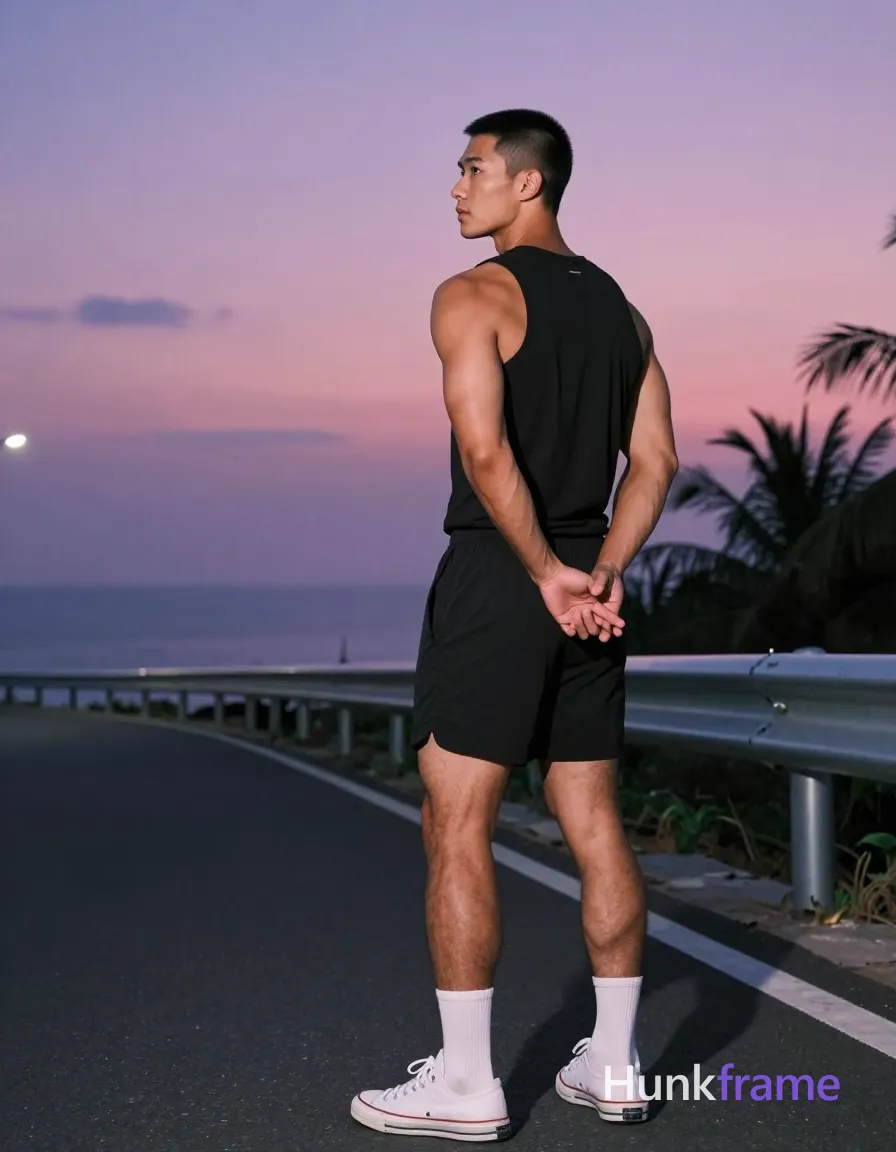 Asian man with medium-tan skin and short black buzz cut, clean-shaven face, neutral contemplative gaze toward horizon; Standing sideways to camera on coastal highway at dusk, back turned slightly, hands clasped behind lower back; Shirtless adult wearing fitted black sleeveless tank top showing muscle definition, black athletic shorts ending mid-thigh, white crew socks pulled to calf height, white low-top sneakers with visible laces and rubber soles; Entire back from neck to waistline exposed, full arms including biceps and forearms, thighs down to knees with subtle leg hair on calves; Broad shoulders, defined deltoids, visible biceps, thick thighs, lean waist; Full-body vertical shot occupying right third of frame near metal guardrail; Streetlights illuminated against twilight sky casting soft ambient glow from horizon; Deep purples and pinks in sky, cool blues over water, dark asphalt gray road, green palm fronds backdrop; Fine-art photography aesthetic with high dynamic range, sculpted musculature emphasized by lighting angle, serene homoerotic mood; single clean uninterrupted photograph with a cohesive editorial composition and plain continuous surrounding surfaces
