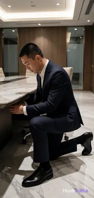 Asian man kneeling beside a large conference table, leaning forward to reach und