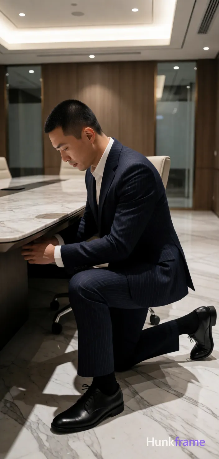 Asian man kneeling beside a large conference table, leaning forward to reach under the marble-topped desk; He wears a dark navy pinstripe single-breasted suit jacket and matching trousers over a white collared shirt with visible cuffs at wrists; Black dress socks and black leather oxford-style shoes cover his feet; lower legs are fully exposed due to kneeling posture; Lean build, short buzz cut black hair, clean-shaven face, focused expression looking downward; Modern high-end office conference room with marble flooring, wood-paneled walls, recessed lighting, glass partitions; Soft ambient overhead lights cast dramatic shadows against the light floor and dark suit; Fine-art photography style, premium fashion editorial aesthetic, vertical portrait orientation capturing full body from head to toe; single clean uninterrupted photograph with a cohesive editorial composition and plain continuous surrounding surfaces