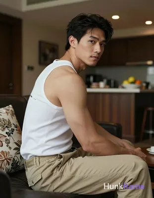 Asian man with light-medium skin and dark brown short hair styled with volume, clean-shaven face neu