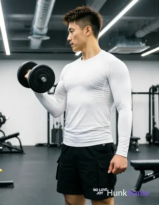 Asian man with short textured dark brown crop hair, clean-shaven face, focused neutral expression st