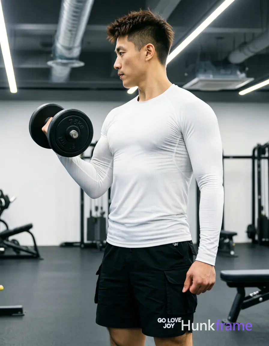 Asian man with short textured dark brown crop hair, clean-shaven face, focused neutral expression standing in profile facing left holding black an anonymous figure 7.5kg dumbbell at shoulder height during bicep curl motion wearing white long-sleeve ribbed compression-style athletic top and black cargo shorts mid-thigh length small white logo reading GO LOVE JOY on left leg fully clothed adult lean build waist-up to mid-thigh vertical crop occupies right two-thirds of frame head near upper-right quadrant indoor gym with exposed ceiling ductwork track lighting casting soft shadows even ambient illumination minimalist gym aesthetic modern fitness photography sharp focus; FULL GARMENT TEXT REPLACEMENT: remove every source garment word, sentence, slogan, logo, and partial brand spelling from every existing print area, then replace those source marks with only the wordmark, spelled exactly "HF"; This is replacement, Repeated "HF" marks are allowed only where the source garment already had printed text; preserve appropriate placement, typography, color, and scale; No other visible text, logo, caption, username, hashtag, comment, watermark, or UI; single clean uninterrupted photograph with a cohesive editorial composition and plain continuous surrounding surfaces