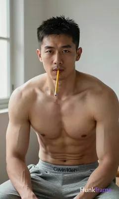 Photograph of exactly 1 adult man. Man 1: Asian, light-medium, square-jawed with