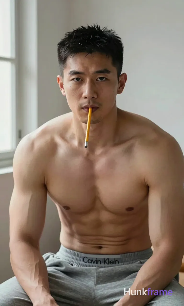 Photograph of exactly 1 adult man. Man 1: Asian, light-medium, square-jawed with defined cheekbones and a straight nose bridge, short, dark black hair, textured top with slightly longer length on crown, tapered sides and back, smooth chin and jawline, small dark mole/freckle on upper sternum. Man 1 has fully exposed eyes, eyebrows, temples and nose bridge. Highly muscular build with defined pectorals, deltoids. Seated holding yellow pencil between lips while leaning forward. Shirtless upper body paired with grey Calvin Klein sweatpants. Vertical portrait crop occupying right two-thirds of frame. Indoor room featuring light walls, window providing natural daylight. Soft shadows created by natural daylight from the side window. Fine-art photography emphasizing muscular physique in neutral tones