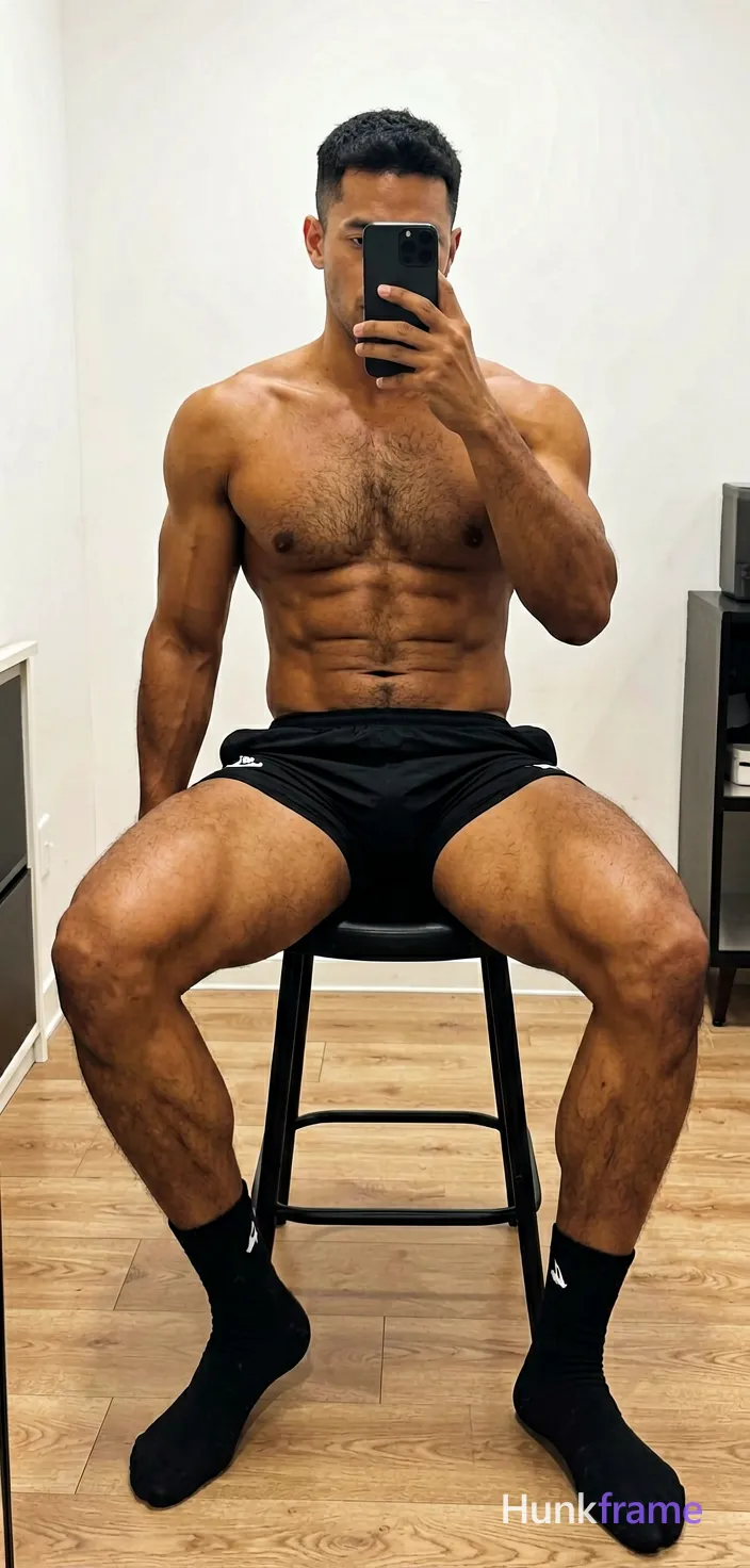A candid vertical lifestyle shot of a dark-skinned adult man taking a mirror selfie indoors. He sits on a black stool with legs spread, one foot resting on the other knee, holding a smartphone that obscures his face. Dressed in black Nike athletic shorts and socks while shirtless to show thick thighs and defined abs against light wood flooring. The scene features bright indoor lighting creating an authentic Xiaohongshu fitness-influencer vibe with a trendy monochrome aesthetic of skin tones, black, and white., same aesthetic theme and photo feel as the reference but a different man in a different pose with distinct body proportions, Turkish man, olive skin, aquiline nose, lean hairy chest editorial look, wearing underwear or swim trunks, covered genitals, no frontal nudity, a single uninterrupted photograph only, no written words or typography anywhere in frame, no captions, no app UI, no social-media post layout, no screenshot borders
