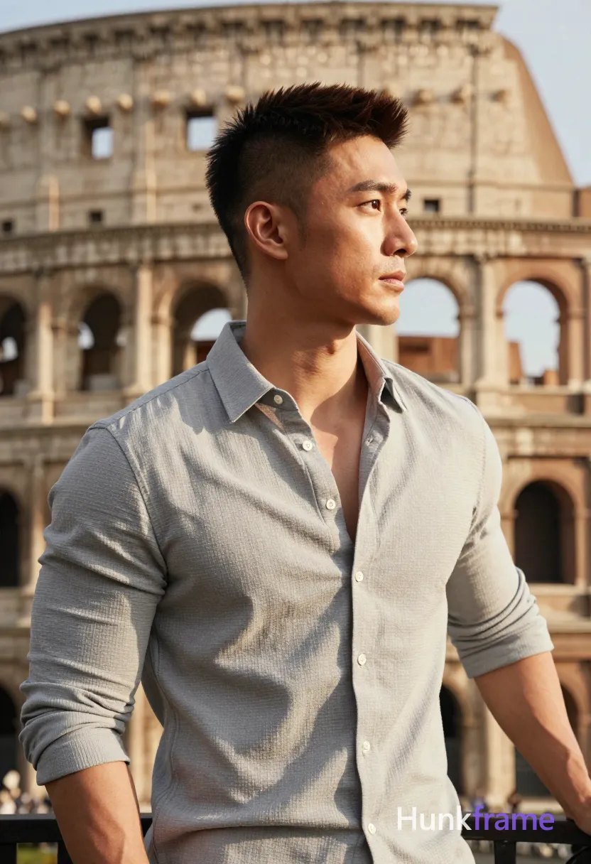 Asian man with short dark brown undercut hair and clean-shaven face, standing in 3/4 profile facing right against blurred Colosseum architecture; He wears a light grey textured button-up shirt with collar open revealing upper chest; left hand resting on black metal railing behind him; Broad shoulders, defined pectorals, toned arms visible from shoulder to wrist; Warm golden-hour sunlight casts soft shadows on his face and skin; Shallow depth of field emphasizes sculpted masculine silhouette in athletic photography style; single clean uninterrupted photograph with a cohesive editorial composition and plain continuous surrounding surfaces
