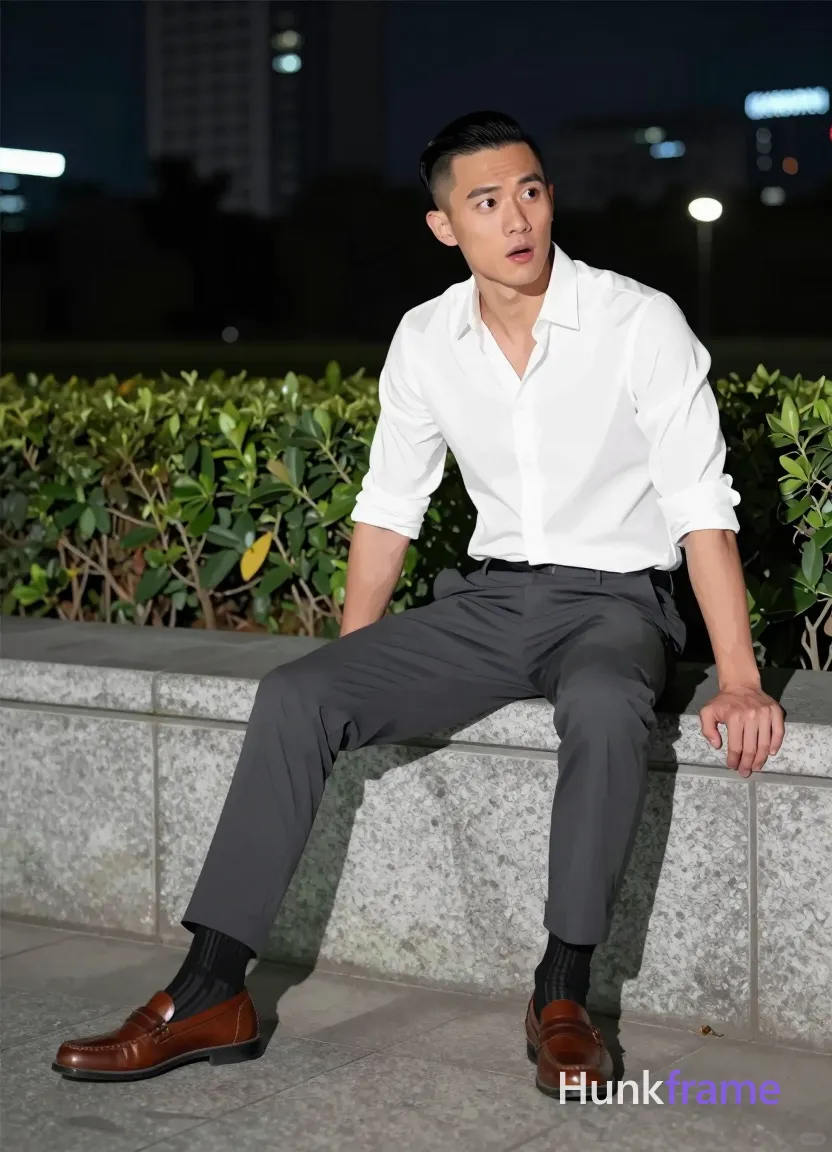 Asian man with short black side-parted slick-back hair and clean-shaven face, neutral slightly surprised expression mouth open; Seated sideways on wide stone ledge outdoors at night left leg extended flat right knee bent resting on surface torso leaning forward hands supporting thighs iconic masculine graphic design bold flat-color poster style high-contrast color blocking clean vector line no text white long-sleeve button-up shirt sleeves rolled to mid-forearm dark grey slim-fit trousers cuffed ankles black striped socks brown leather loafers dramatic nighttime lighting urban high-rise background manicured greenery fine-art photography aesthetic polished confident mood 13:19 aspect ratio, same aesthetic theme and photo feel as the reference but a different man in a different pose with distinct body proportions, German man, fair skin, strong brow ridge, lean cyclist legs; single clean uninterrupted photograph with a cohesive editorial composition and plain continuous surrounding surfaces