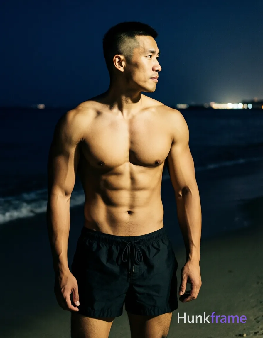 Asian man with short buzz cut and faded sides standing upright shirtless in black drawstring swim trunks, torso angled left while head turns right; Sculpted shoulders, defined pectorals, visible six-pack abs, toned arms against a dark nighttime shoreline backdrop with distant horizon lights; High-contrast chiaroscuro lighting creates deep shadows behind him, highlighting musculature on his bare chest and abdomen; Minimalist negative space surrounds the centered full-body composition from mid-thigh up in vertical portrait orientation; single clean uninterrupted photograph with a cohesive editorial composition and plain continuous surrounding surfaces