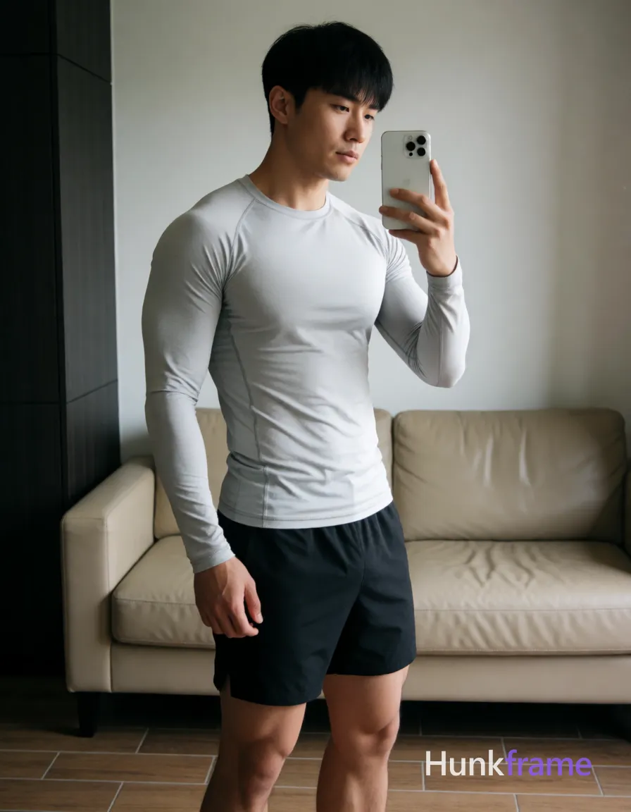 Asian man with short black hair and straight bangs stands in a modern dressing room, slightly turned to the side while holding a white smartphone for a candid mirror selfie; He wears a fitted light gray long-sleeve compression shirt covering torso completely and black athletic shorts ending mid-thigh; Full-body vertical shot from head to bare feet against beige leather sofa background and wooden floor tiles with dark paneling visible on the left wall; Soft directional daylight illuminates front-left musculature of very muscular build with defined abs and arms; High-resolution lifestyle photography emphasizing athletic physique definition in a trendy social feed aesthetic; single clean uninterrupted photograph with a cohesive editorial composition and plain continuous surrounding surfaces