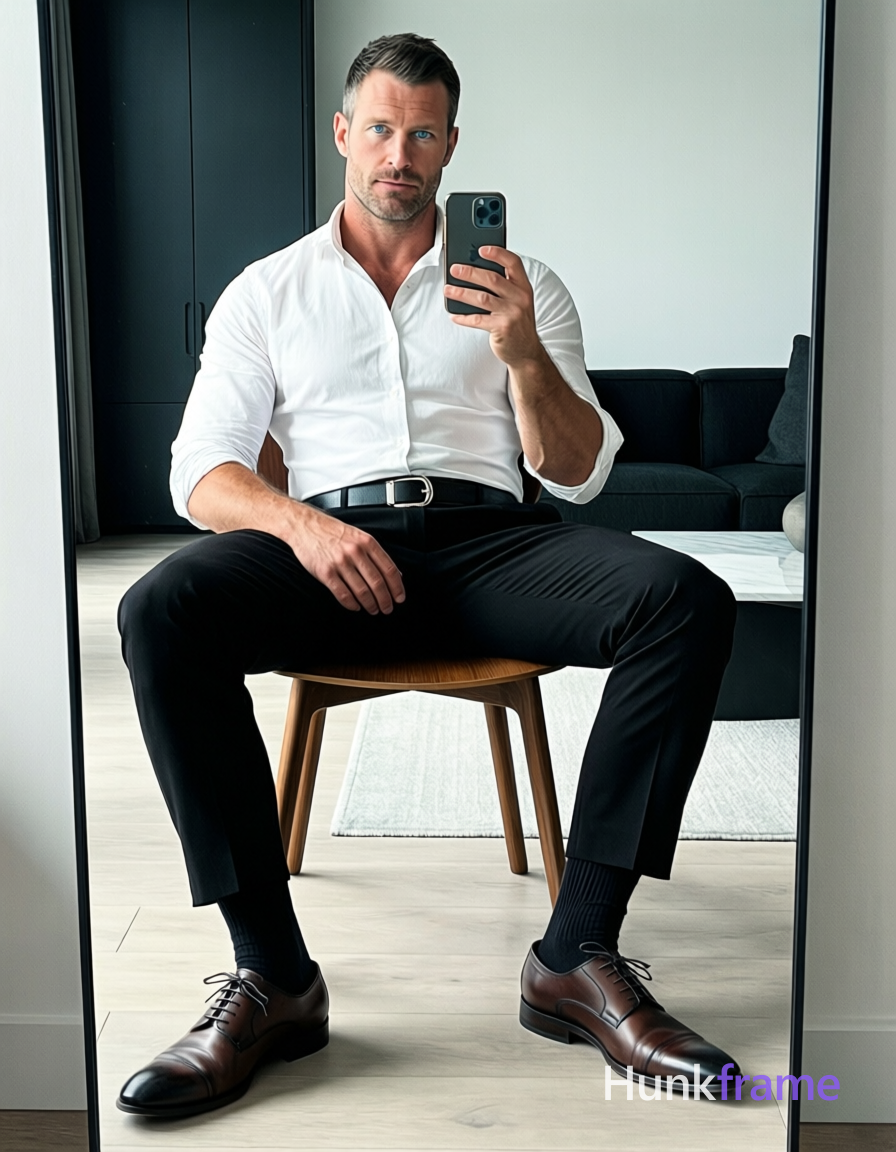 Full-body mirror selfie of an adult man with light-medium skin and short dark ha