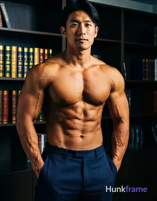 Asian man with tanned skin and short black hair styled back, clean-shaven face with neutral direct g