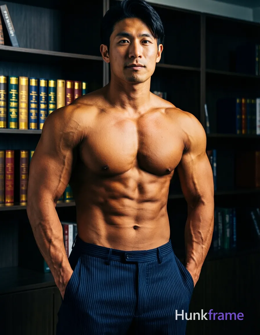 Asian man with tanned skin and short black hair styled back, clean-shaven face with neutral direct gaze. Standing center-left in a vertical portrait crop (waist-up), hands deep inside pockets of dark blue pinstriped trousers. Shirtless adult male displaying highly muscular chest and abs, defined pectorals, six-pack abs, visible vascularity on arms; bare torso exposed from chest to abdomen. Indoor studio setting with dark bookshelf background featuring spines 'PURE MALT' and 'E PAPILLON'. Dramatic directional lighting from front-right creates high-contrast highlights on skin and muscles against warm tans and deep blues palette. Fine-art photography aesthetic, highly detailed muscle definition, candid lifestyle vibe, Xiaohongshu fitness influencer energy. Include exactly one visible wordmark, spelled exactly "HUNKFRAME", in the same compositional text position; preserve its appropriate typography and scale. No other visible text, logo, caption, username, hashtag, comment, watermark, or UI chrome., same aesthetic theme and photo feel as the reference but a different man in a different pose with distinct body proportions, Japanese man, soft masculine features, straight black hair, slim dancer build, a single uninterrupted photograph only, no written words or typography anywhere in frame, no captions, no app UI, no social-media post layout, no screenshot borders