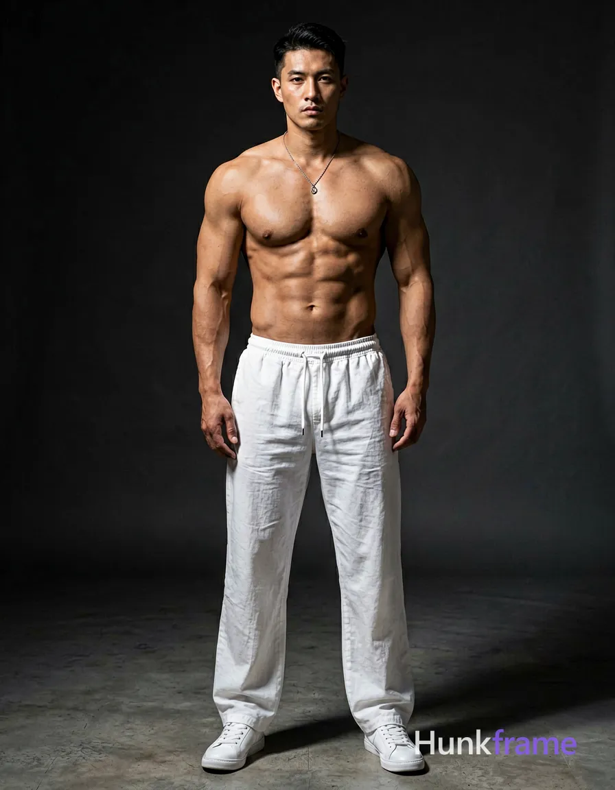 A handsome adult man with light-medium skin and dark short styled hair stands facing the camera in a full-body vertical shot, slightly leaning forward with arms relaxed at his sides. He is shirtless revealing broad shoulders, defined pectorals, visible abdominal musculature, thick thighs, chest, abdomen, shoulders, and arms, wearing white loose-fitting pants with a drawstring waistband, white sneakers, and a silver chain necklace with pendant against a dark seamless studio background with concrete floor. Dramatic directional lighting from front-left casts soft shadows on the right side of his face and torso while high contrast sharp focus highlights musculature in this minimalist masculine fashion editorial photo., wearing underwear or swim trunks, covered genitals, no frontal nudity, a single uninterrupted photograph only, no written words or typography anywhere in frame, no captions, no app UI, no social-media post layout, no screenshot borders