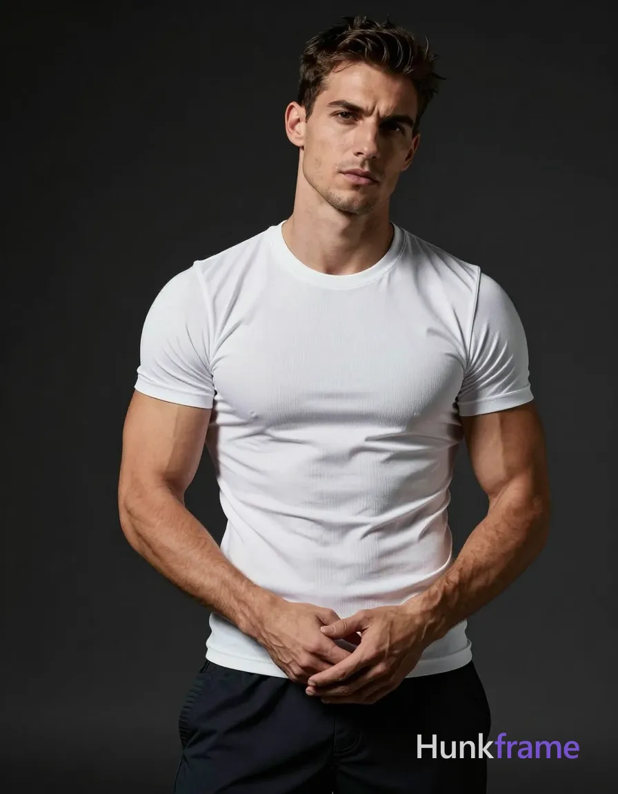 A handsome adult man with light to medium skin stands centered in a vertical portrait, torso angled slightly right; He wears a fitted white ribbed short-sleeve compression-style t-shirt and dark-colored pants or shorts with visible waistband; His hands are clasped at waist level with fingers interlaced, exposing forearms showing defined biceps, triceps, and vascularity against the black backdrop of an indoor studio setting; Dramatic directional lighting from front-right casts soft shadows accentuating his broad shoulders and muscular physique on a high-contrast palette of white and dark gray; single clean uninterrupted photograph with a cohesive editorial composition and plain continuous surrounding surfaces