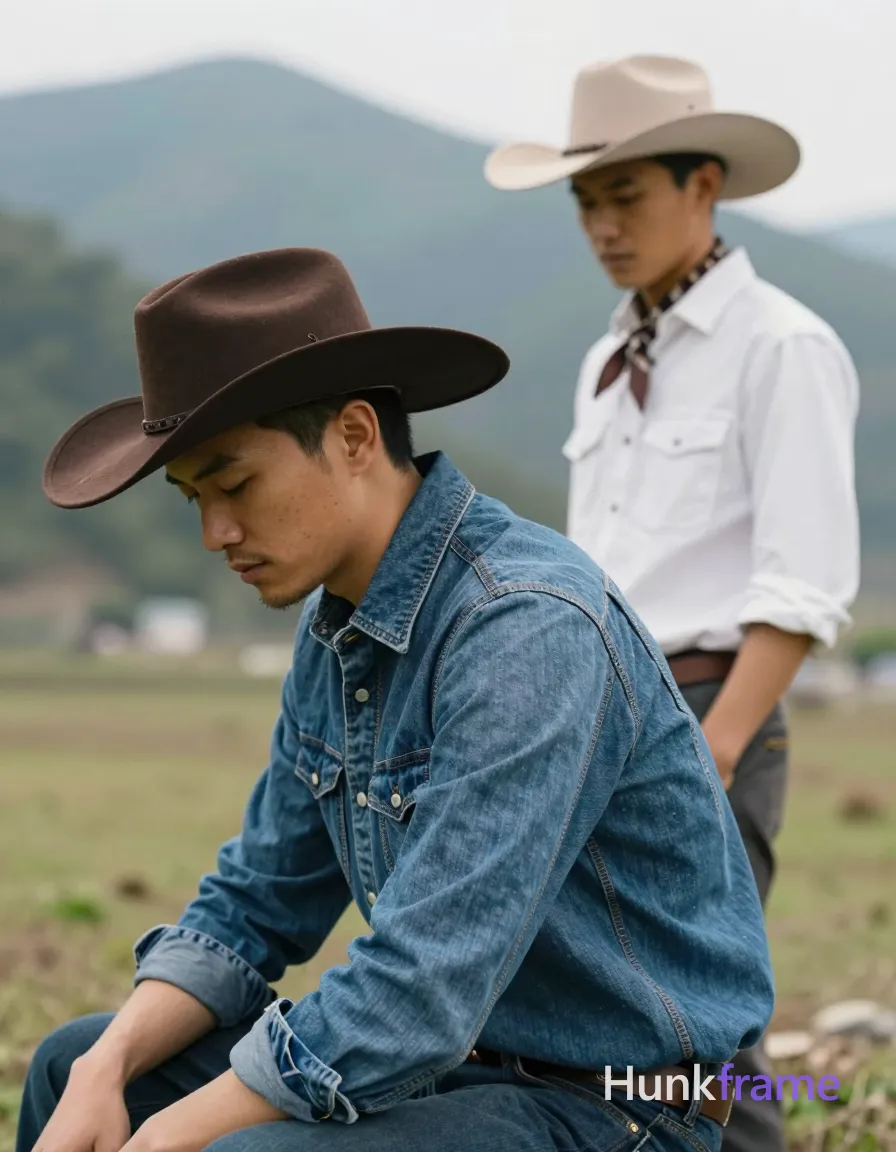 an anonymous figure men in a quiet outdoor mountain setting under soft natural daylight. Man one, lean build with short black hair and chin stubble, wears a dark brown cowboy hat and blue denim button-up shirt fastened at the collar, seated or crouched in profile facing left with head tilted down. Man two stands slightly behind to the right, wearing a light beige cowboy hat, white rolled-sleeve shirt, and patterned neckerchief, looking downward toward ground or first subject. Portrait framing from mid-thigh up on 13:19 vertical canvas. Earthy greens, denim blue, and brown accents in palette. XHS lifestyle aesthetic with candid iPhone rear-camera snapshot energy and trendy influencer vibe., a single uninterrupted photograph only, no written words or typography anywhere in frame, no captions, no app UI, no social-media post layout, no screenshot borders