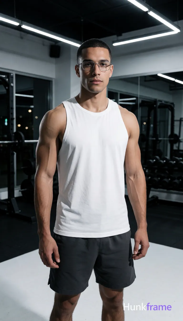 an anonymous figure man with light to medium tan skin and short dark brown buzz cut, wearing rectangular wire-frame glasses with thin metallic rims; He stands upright facing camera with slight forward lean in a white sleeveless athletic tank top and dark gray mid-thigh shorts; Broad shoulders, defined pectorals, vascular arms, thick thighs, well-defined calves are sharply focused under high-contrast studio lighting; Indoor gym setting with weight racks and glass walls showing night exterior; Cool ambient light from overhead LED strips casts dramatic shadows on his muscular physique; Slightly desaturated color grading emphasizes white and black palette; Full body centered shot in vertical portrait orientation; The adult man visibly wears rectangular wire-frame glasses with thin metallic rims and clear lenses; worn on face on his face; preserve the exact frame shape, rim style, color, material, and lens tint, same aesthetic theme and photo feel as the reference but a different man in a different pose with distinct body proportions, German man, fair skin, strong brow ridge; single clean uninterrupted photograph with a cohesive editorial composition and plain continuous surrounding surfaces