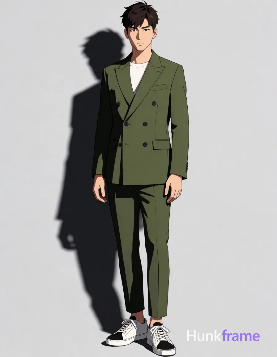 Korean adult man in polished anime 2.5D next-gen game art style standing shirtless with an olive green double-breasted blazer worn open revealing bare chest and abdomen, matching slim-fit trousers ending above ankles, white low-top sneakers with black toe caps; Short dark brown hair textured top tapered sides clean neckline minor stubble chin jawline neutral serious gaze relaxed mouth corners slight weight shift to left leg right arm hanging loosely by side full body shot from head to toe including feet centered vertically horizontally against plain light gray background casting dramatic shadow behind subject on left side high-contrast studio photography clean lines geometric composition emphasis on silhouette and form through shadow play; single clean uninterrupted artwork with a cohesive composition and plain continuous surrounding surfaces