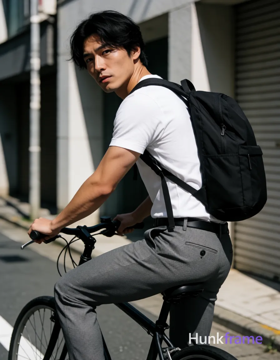 Asian man with light-medium skin, black medium-length slightly tousled hair parted on the side, clean-shaven face; He sits centered on a bicycle in an urban Japanese street setting, head turned to look over his left shoulder toward camera while leaning back gripping handlebars; Wearing fitted white short-sleeved t-shirt, grey slim-fit trousers with subtle textured pattern, black belt, and black backpack worn on back; Vertical 13:19 aspect ratio, high-resolution photography, sharp focus, natural outdoor lighting casting strong directional sunlight and sharp shadows; Head-to-mid-thigh framing showing broad shoulders, defined biceps, thick thighs, narrow waist; Premium fashion-editorial aesthetic with clean composition emphasizing posture against architectural backdrop; single clean uninterrupted photograph with a cohesive editorial composition and plain continuous surrounding surfaces