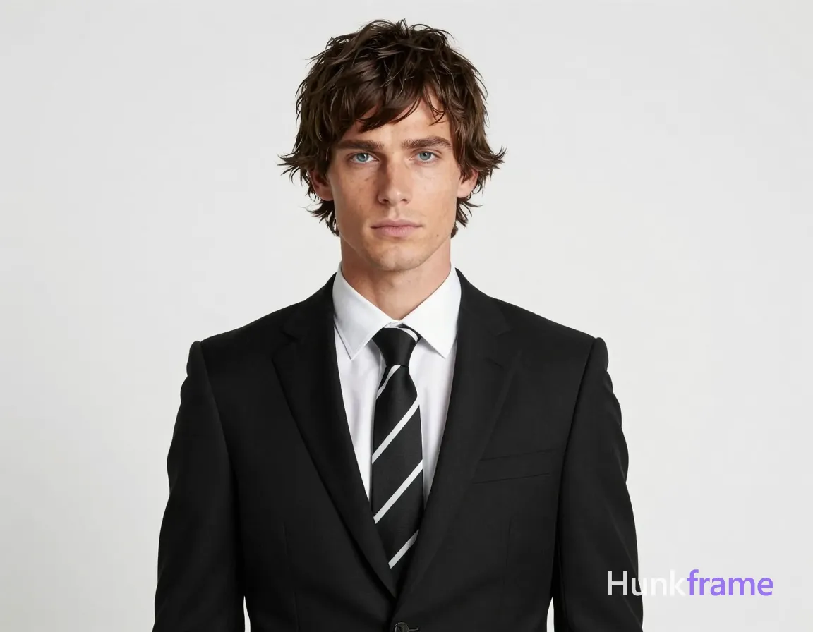 an anonymous figure man with fair light tan skin, dark brown medium-length tousled hair with side-swept bangs and textured layers around ears, clean-shaven chin and jawline; Standing upright facing camera directly with shoulders relaxed and head centered in frame wearing black tailored suit jacket with notched lapels over white collared dress shirt and black necktie with diagonal white stripes neatly knotted at collar; Fully clothed adult slim build high-key studio portrait against plain white background softbox-style frontal lighting creating minimal shadows on face and clothing polished formal confident mood professional composition typical of fashion editorial or fine-art photography, same aesthetic theme and photo feel as the reference but a different man in a different pose with distinct body proportions, Scandinavian man, very fair skin, ice blue eyes, Viking-broad shoulders lean waist; single clean uninterrupted photograph with a cohesive editorial composition and plain continuous surrounding surfaces
