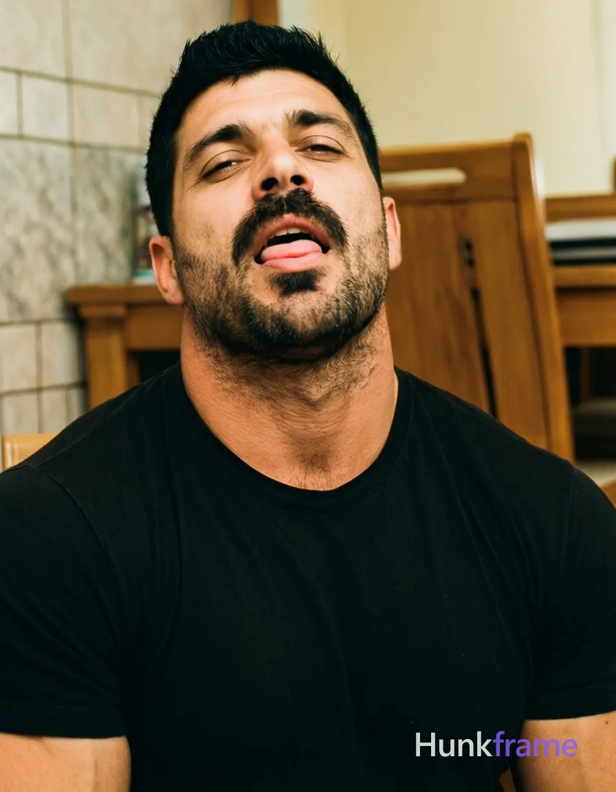 an anonymous figure man with short black hair and upward texture, sparse mustache and chin stubble, mouth slightly open with tongue visible. Head tilted back in a static pose, eyes half-closed. Wearing a black crew-neck t-shirt, fully clothed adult lean build torso. Indoor room setting with tiled wall on left and wooden furniture background. Soft indoor ambient lighting creating rugged warm confidence. Close-up portrait from chest up, centered composition. Muscle bear aesthetic focusing on broad shoulders and meaty chest presence within the frame., a single uninterrupted photograph only, no written words or typography anywhere in frame, no captions, no app UI, no social-media post layout, no screenshot borders