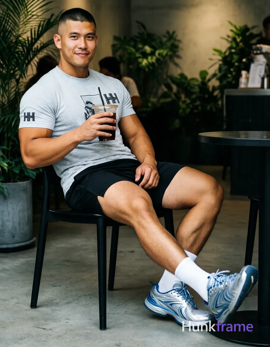 an anonymous figure man with light medium tan skin, short black buzz cut faded sides, clean shaven face neutral slight smile seated sideways on black chair; Broad shoulders defined pectorals thick thighs toned calves holding clear plastic cup dark iced beverage straw right hand left leg extended forward slightly elevated feet visible bottom edge wearing light gray short-sleeve t-shirt graphic print chest HH logo left sleeve black athletic shorts mid-thigh white socks silver-blue sneakers modern café concrete flooring greenery background soft ambient indoor lighting sharp focus natural skin texture vertical portrait fine-art photography dramatic sculpted poses homoerotic aesthetic premium fashion editorial; single clean uninterrupted photograph with a cohesive editorial composition and plain continuous surrounding surfaces
