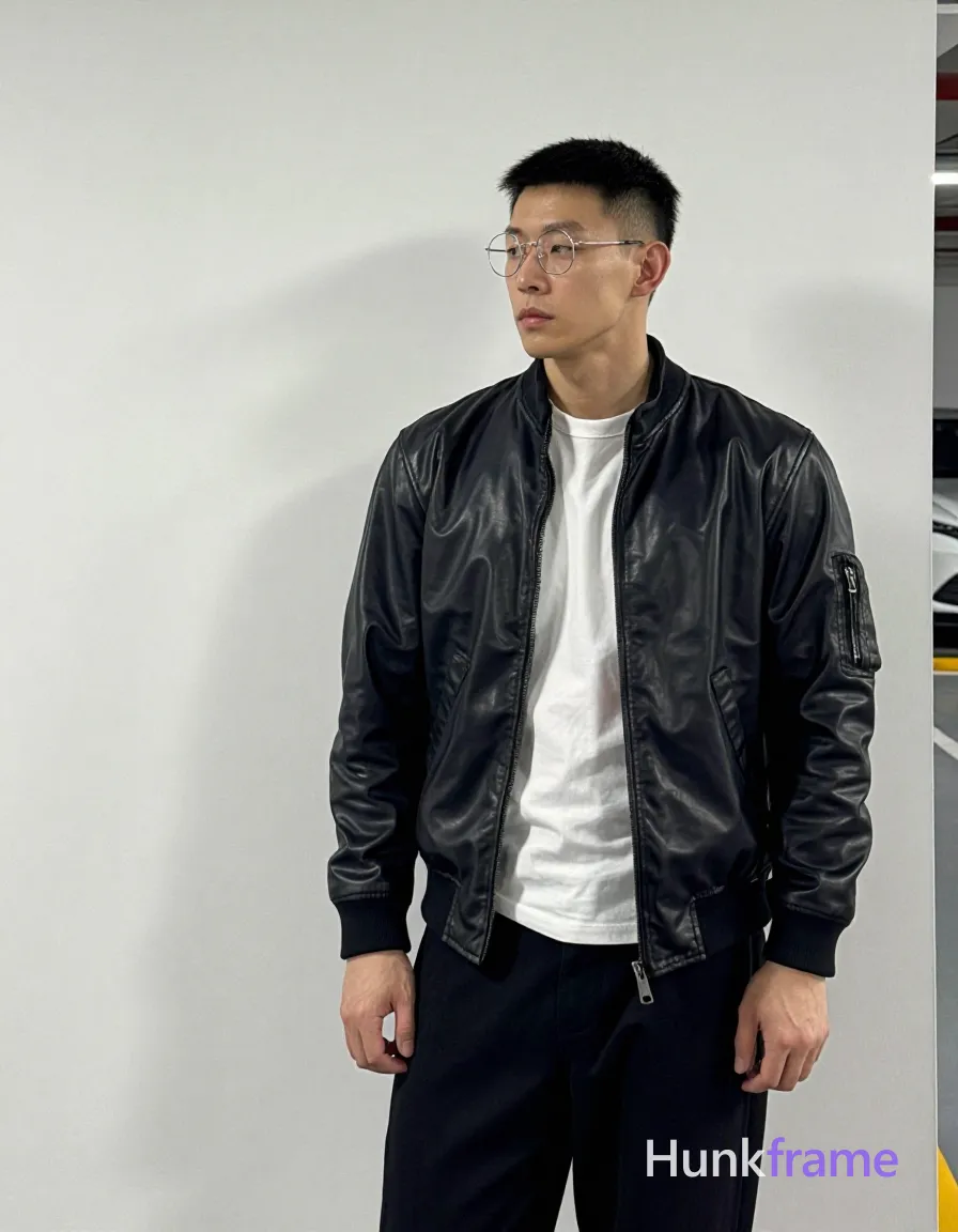 Asian man with short black flat-top hair under cap, rimless thin metal frame glasses on face, clean-shaven neutral expression; Standing upright in indoor parking garage Wearing black leather bomber jacket over white crew-neck t-shirt and long black pants extending below knees; Slim build visible from head to mid-thighs with high contrast lighting casting soft shadows left side; Vertical portrait fashion editorial aesthetic; The adult man visibly wears rimless or thin metal frame glasses with clear lenses; frames rest on nose and ears without tinting on his face; preserve the exact frame shape, rim style, color, material, and lens tint, shot on iPhone 15 Pro main camera, authentic smartphone computational photography, natural Smart HDR and true-to-life skin texture, vertical 9:16 Xiaohongshu lifestyle feed, bright clean everyday scene, unretouched phone photo with subtle sensor grain, trendy Chinese internet 网红 aesthetic, candid influencer energy; single clean uninterrupted photograph with a cohesive editorial composition and plain continuous surrounding surfaces