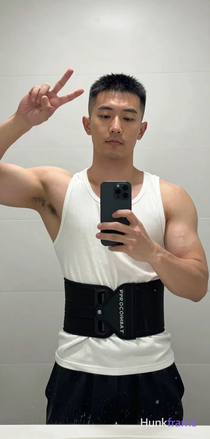 Asian man with short black buzz cut and clean-shaven face, standing facing a bathroom mirror; He wears a white ribbed tank top fully covering his torso and broad shoulders, paired with a black 'PRO COMBAT' waist trainer at the midsection; His left hand holds a black smartphone against his chest while his right arm extends in a peace sign gesture near his head; The composition is a vertical portrait crop from thighs up, capturing defined pectorals and abdominal definition under bright frontal lighting reflecting off white tiled walls; single clean uninterrupted photograph with a cohesive editorial composition and plain continuous surrounding surfaces