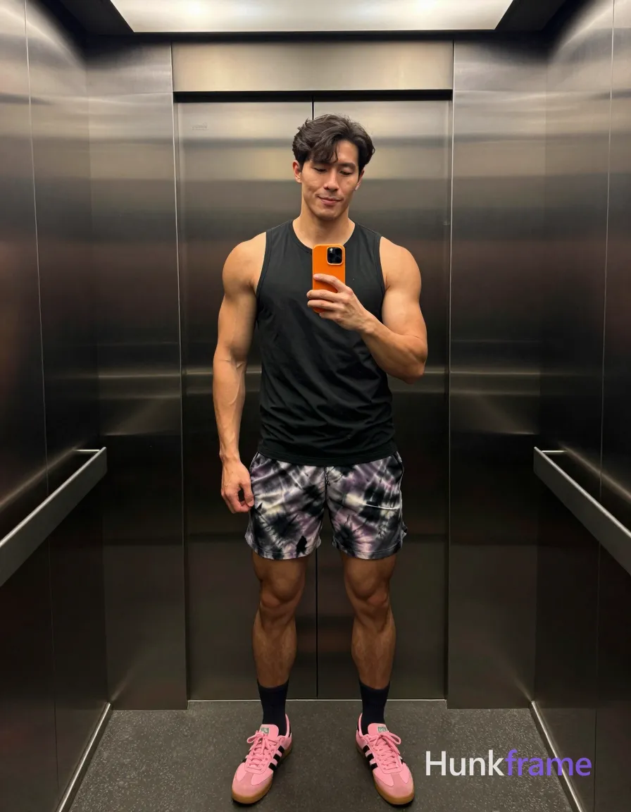 Asian man with medium-dark skin and short black straight hair stands in a full-body vertical mirror selfie within an elevator; He wears a black sleeveless tank top covering his torso completely, patterned tie-dye shorts in grey/purple/black, dark socks pulled up mid-calf on both legs, and pink Adidas sneakers with gum soles; His broad shoulders, defined pectorals, toned arms, and thick thighs are sculpted by overhead recessed lighting casting soft shadows against the reflective mirrored ceiling and back wall; He holds an orange smartphone at chest level in his left hand while his right arm relaxes by his side, capturing a neutral to slight smile with minimal body hair under fine-art photography quality, same aesthetic theme and photo feel as the reference but a different man in a different pose with distinct body proportions, Mediterranean Italian man, olive skin, wavy dark hair, lean surfer body; single clean uninterrupted photograph with a cohesive editorial composition and plain continuous surrounding surfaces