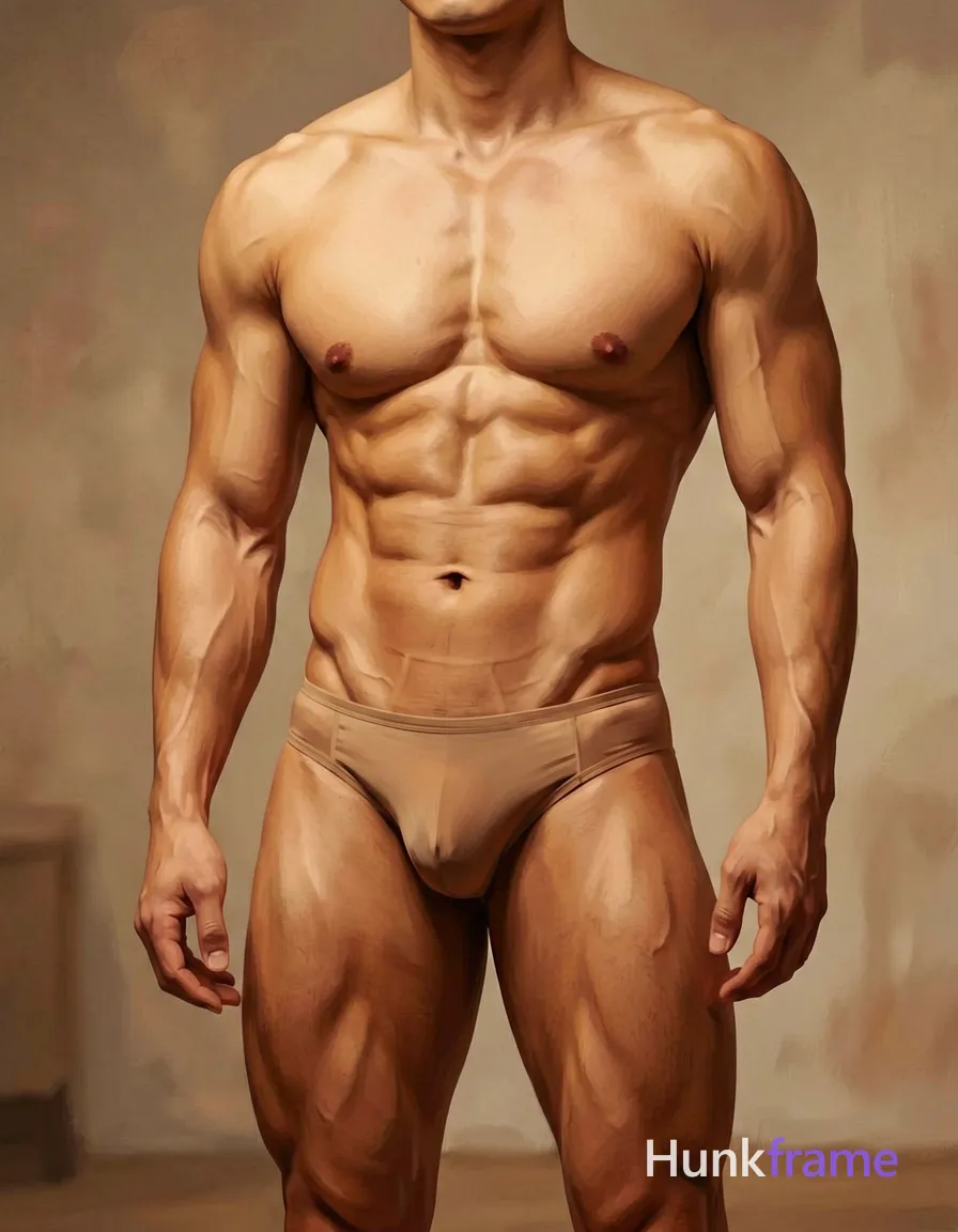 a handsome masculine male with a compact athletic build standing front-facing and slightly angled to the left, shirtless with defined abs and thick muscular thighs. The image is a vertical portrait with a 4:7 aspect ratio (768x1344 canvas), focusing on his torso while showing only the head and shoulders. Warm tones in a romantic, painterly style set in a soft-lit studio-like environment