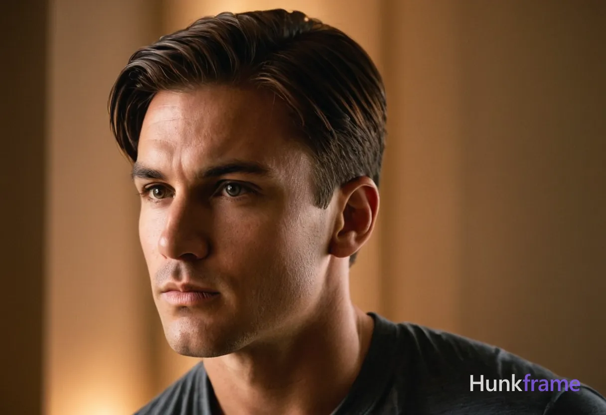 A handsome male model posing in a dimly lit studio with natural window light filtering through, highlighting the contours of his chiseled body and facial features. He stands slightly hunched, looking pensive and introspective under the soft glow of early evening., alternate camera angle, natural ambient light, candid editorial framing