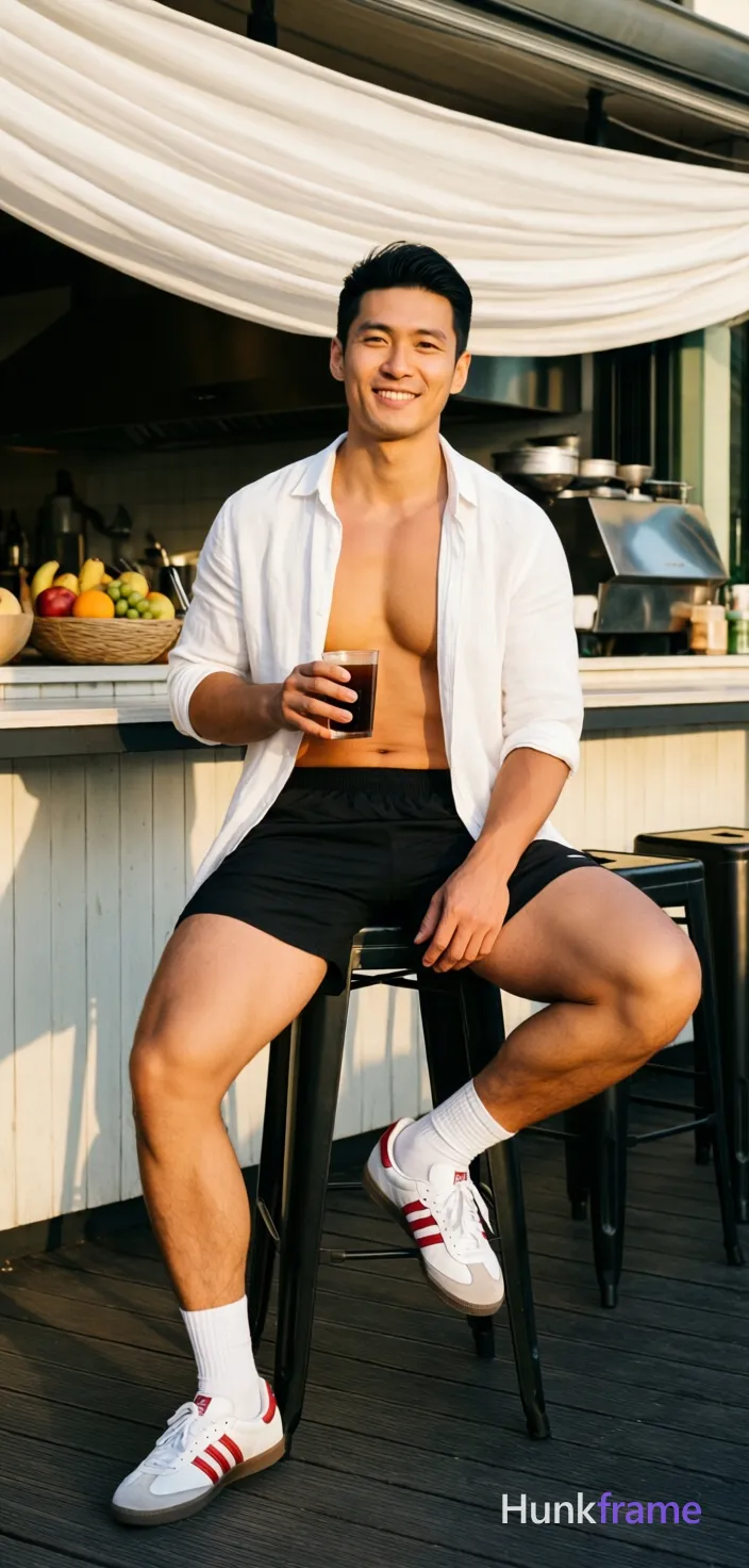 Asian man with light-medium skin and black short styled hair, clean-shaven face smiling at camera. Seated on stool legs spread apart left foot flat ground right leg bent elevated on base holding dark beverage in right hand shirtless white linen button-up open chest revealing bare torso collarbone upper abdomen wearing black athletic shorts mid-thigh white crew socks white sneakers with red stripes thick thighs defined calves confident strength posture. Outdoor cafe patio under white draped fabric ceiling counter behind fruit bowl kitchen equipment visible warm golden hour sunlight from right casting soft shadows neutral whites blacks skin tones relaxed confident mood full body shot knees up to head centered portrait photography natural depth of field., a single uninterrupted photograph only, no written words or typography anywhere in frame, no captions, no app UI, no social-media post layout, no screenshot borders