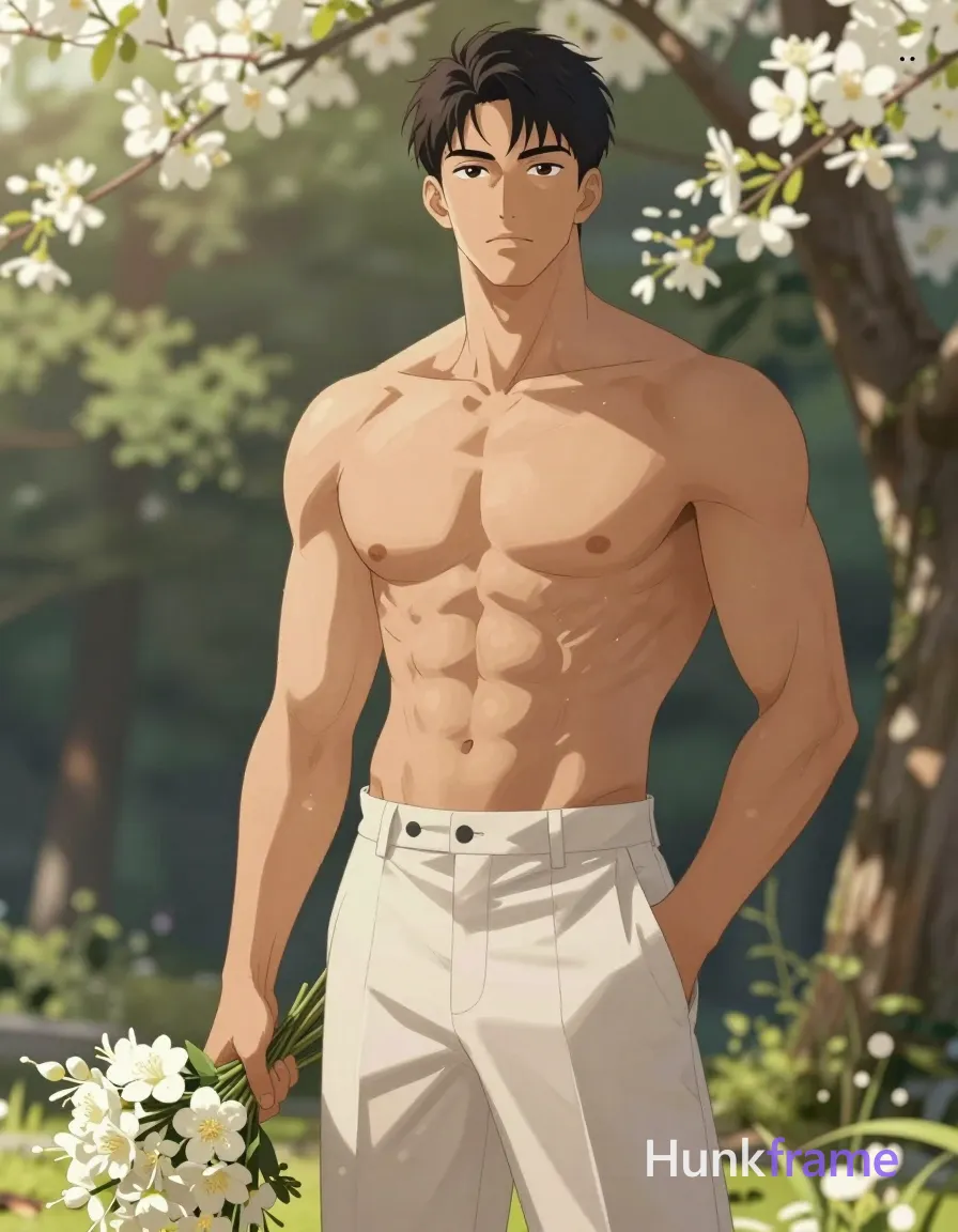 Polished anime style illustration of an Asian man with light-medium skin standing upright in a vertical portrait orientation. He is shirtless displaying broad shoulders and defined pectorals, wearing light beige or off-white pleated trousers. His left hand is in his pocket while the right hand holds a bouquet of white flowers against his lower abdomen. The setting features an outdoor wooded area with flowering trees overhead where natural daylight creates soft highlights on highly detailed skin texture and musculature., same aesthetic theme and photo feel as the reference but a different man in a different pose with distinct body proportions, Chinese man, light tan skin, high cheekbones, lean wiry martial-arts physique, a single uninterrupted photograph only, no written words or typography anywhere in frame, no captions, no app UI, no social-media post layout, no screenshot borders