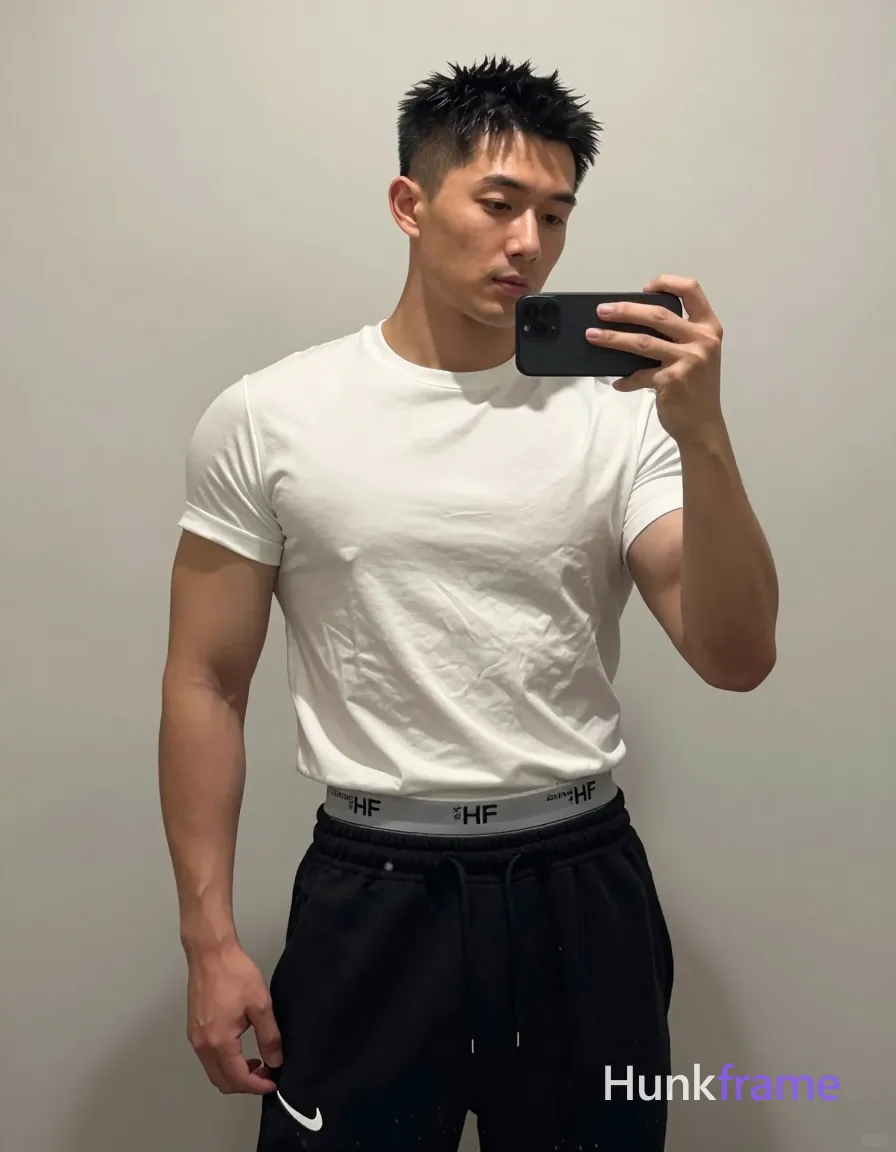 an anonymous figure adult man with light to medium tan skin, short textured black hair styled upward at the crown and tapered sides; He stands upright facing slightly right in a dorm room setting, left arm bent holding a black smartphone for mirror selfie capture while right hand rests open by his side; Wearing a white crew-neck short-sleeve t-shirt with slight hem wrinkling, black drawstring sweatpants featuring a white Nike swoosh on the left thigh and waistband, gray Aum&Stein branded underwear waistband visible above pants; Broad shoulders, defined biceps and triceps, flat abdomen showing the underwear waistband; Soft ambient indoor lighting reflects off the mirror surface with clean lines and minimal distractions in this vertical portrait composition; FULL GARMENT TEXT REPLACEMENT: remove every source garment word, sentence, slogan, logo, and partial brand spelling from every existing print area, then replace those source marks with only the wordmark, spelled exactly "HF"; This is replacement, Repeated "HF" marks are allowed only where the source garment already had printed; single clean uninterrupted photograph with a cohesive editorial composition and plain continuous surrounding surfaces