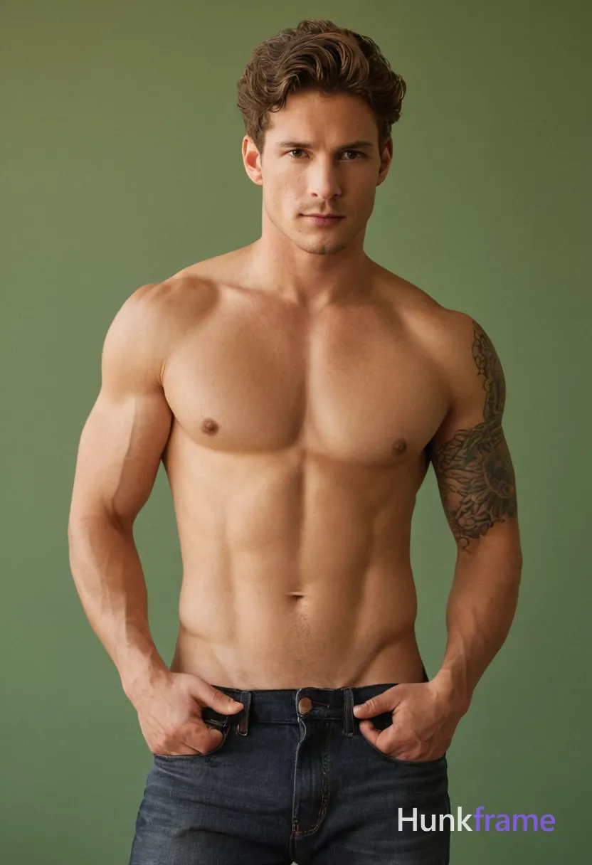 A shirtless man with wavy brown hair stands against a plain grayish-green wall during the golden hour, wearing dark jeans and visible tattoos on both arms; he has an introspective expression as if deep in thought, standing slightly bent at one knee, hands resting lightly on his hips; soft diffused light casts gentle shadows over his muscular form