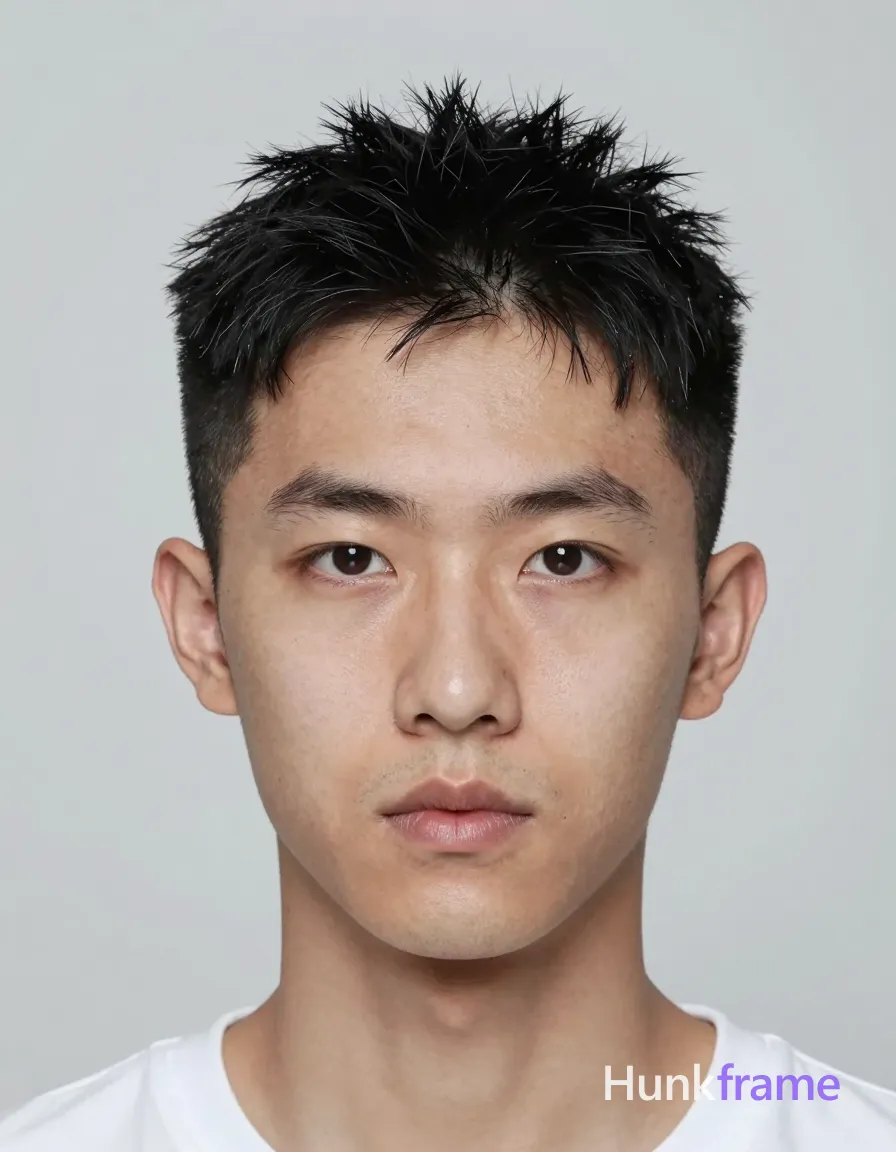 an anonymous figure man with short textured black hair styled upward in a spiky fashion sides tapered fade clean-shaven face neutral direct gaze; single clean uninterrupted photograph with a cohesive editorial composition and plain continuous surrounding surfaces