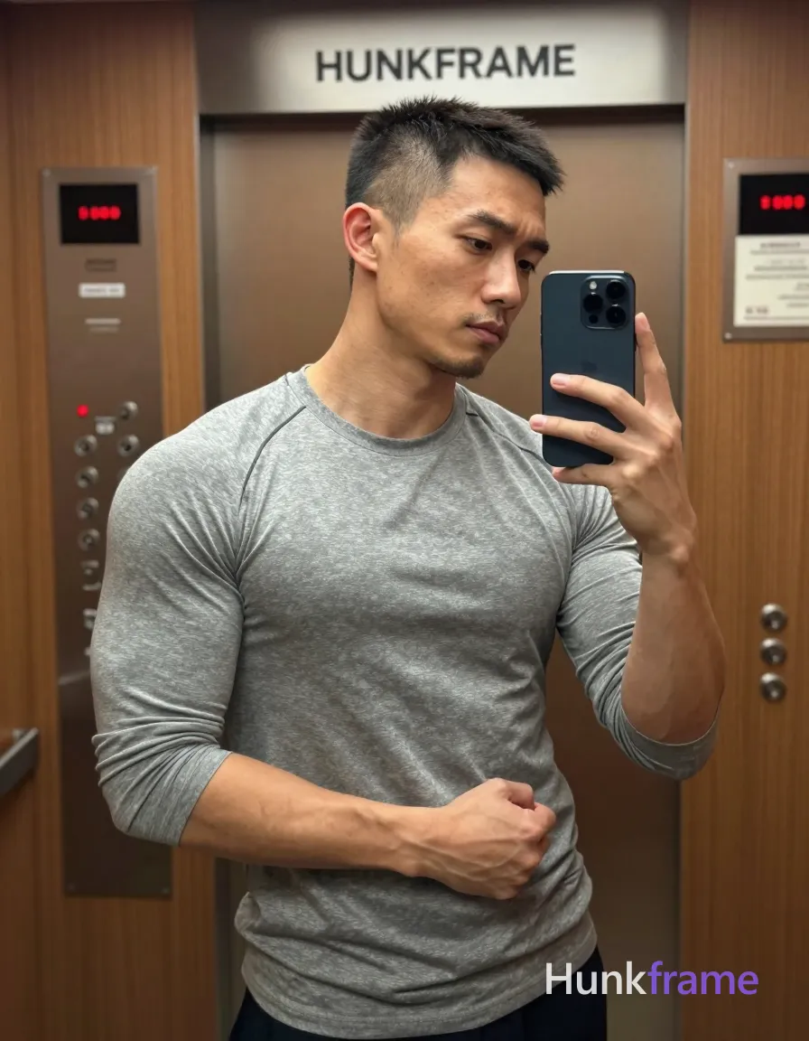 Asian man with short buzz cut, dark brown/black textured top and faded sides, clean-shaven face with light chin stubble; He wears a fitted heather grey long-sleeve crewneck t-shirt showing broad shoulders, defined pectorals, toned biceps, and visible abdominal definition; Standing facing slightly right in an elevator interior with wood-paneled walls and stainless steel controls displaying red LED 'HUNKFRAME'; Holding dark blue smartphone with left hand for mirror selfie; right arm bent across chest with fist loosely clenched near waistline; Overhead recessed lighting casts soft shadows on light-medium skin tone; Vertical portrait composition, chest-to-thigh crop in reflection; FULL TEXT REPLACEMENT: remove every original source word, sentence, slogan, logo, and partial spelling from the text-bearing area, then replace it with only the wordmark, spelled exactly "HUNKFRAME" on the sign in the composition; This is replacement; Preserve appropriate typography and scale; No other visible text, logo, caption, username, hashtag, comment, watermark, or UI chrome, same aesthetic theme and photo feel as the reference but a different man in a; single clean uninterrupted photograph with a cohesive editorial composition and plain continuous surrounding surfaces