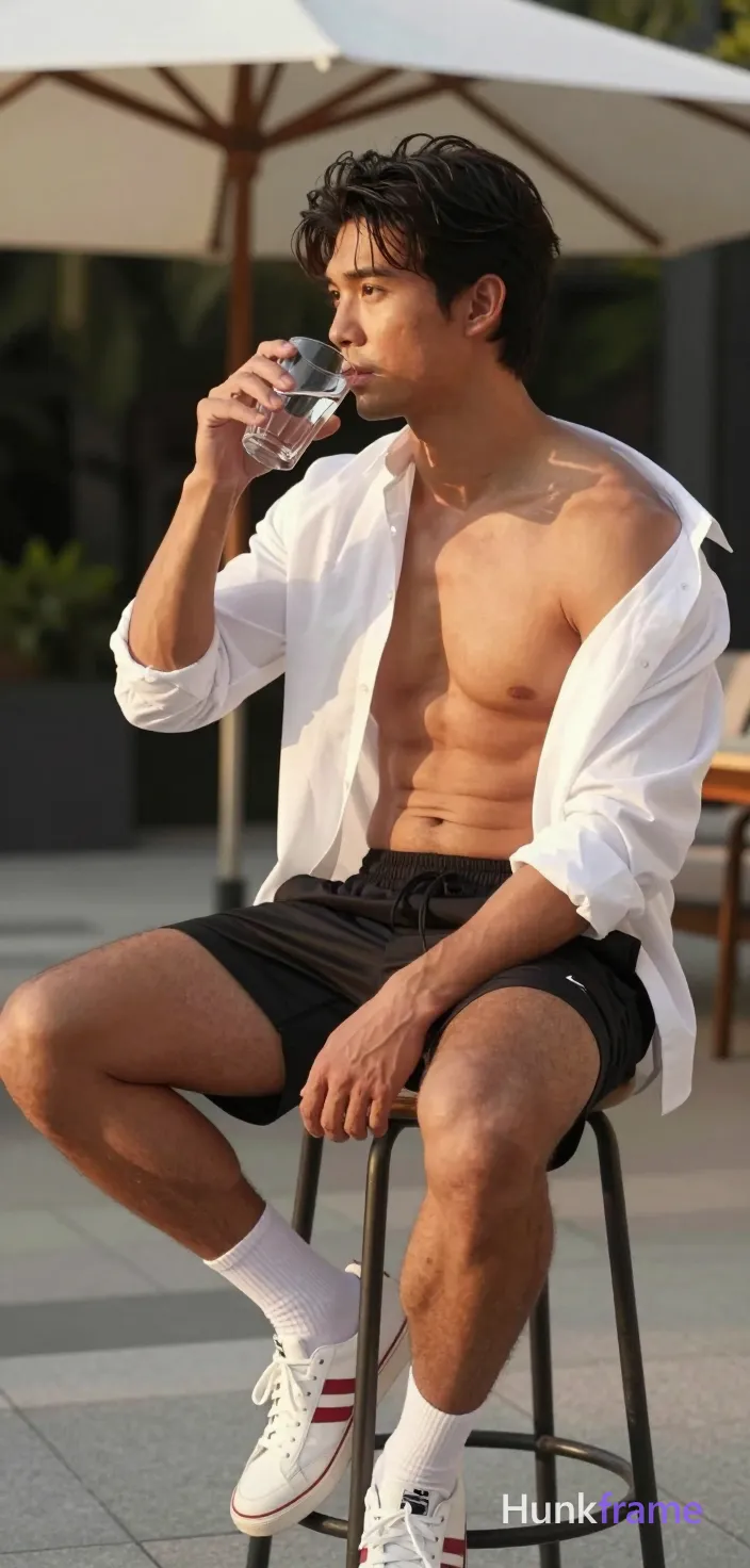 Asian man with light-medium skin and dark brown short hair styled high, clean-shaven face gazing contemplatively left. Seated sideways on a metal bar stool outdoors under white canopy; right leg bent flat, left thigh crossed over knee showing thick muscular definition. Wearing open white long-sleeve shirt exposing upper chest pectorals, black athletic shorts above knee, white crew socks mid-calf, white sneakers with red stripes holding clear glass near mouth. Warm golden-hour sunlight from right highlights sculpted shoulders and torso against neutral tiled patio background., same aesthetic theme and photo feel as the reference but a different man in a different pose with distinct body proportions, Mediterranean Italian man, olive skin, wavy dark hair, lean surfer body, a single uninterrupted photograph only, no written words or typography anywhere in frame, no captions, no app UI, no social-media post layout, no screenshot borders