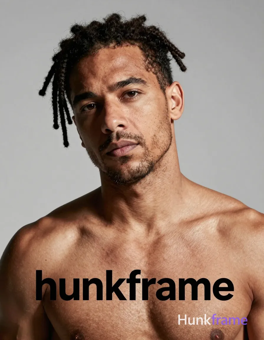 A stocky adult man with light to medium skin, dark brown short textured hair styled upward, and short stubble on his jawline. He is shirtless, exposing broad shoulders, defined collarbones, visible pectoral muscles, chest, neck, and collarbones in a head-and-shoulders close-up facing forward with a slight head tilt against a plain light gray studio background. Dramatic directional lighting from upper left casts high contrast shadows on his face and neck within fine-art photography style. The image features the wordmark 'hunkframe' visible as text. Rugged warm confidence, bear energy. Include exactly one visible wordmark, spelled exactly "hunkframe", in the same compositional text position; preserve its appropriate typography and scale. No other visible text, logo, caption, username, hashtag, comment, watermark, or UI chrome., same aesthetic theme and photo feel as the reference but a different man in a different pose with distinct body proportions, Mixed Afro-Latin man, caramel skin, locs, long limbs dancer posture, a single uninterrupted photograph only, no written words or typography anywhere in frame, no captions, no app UI, no social-media post layout, no screenshot borders