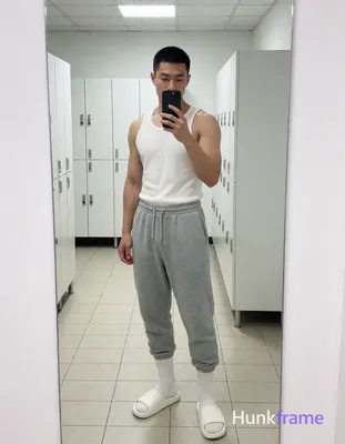 Asian man with short black buzz cut and light stubble stands full-body in front of a large mirror, f