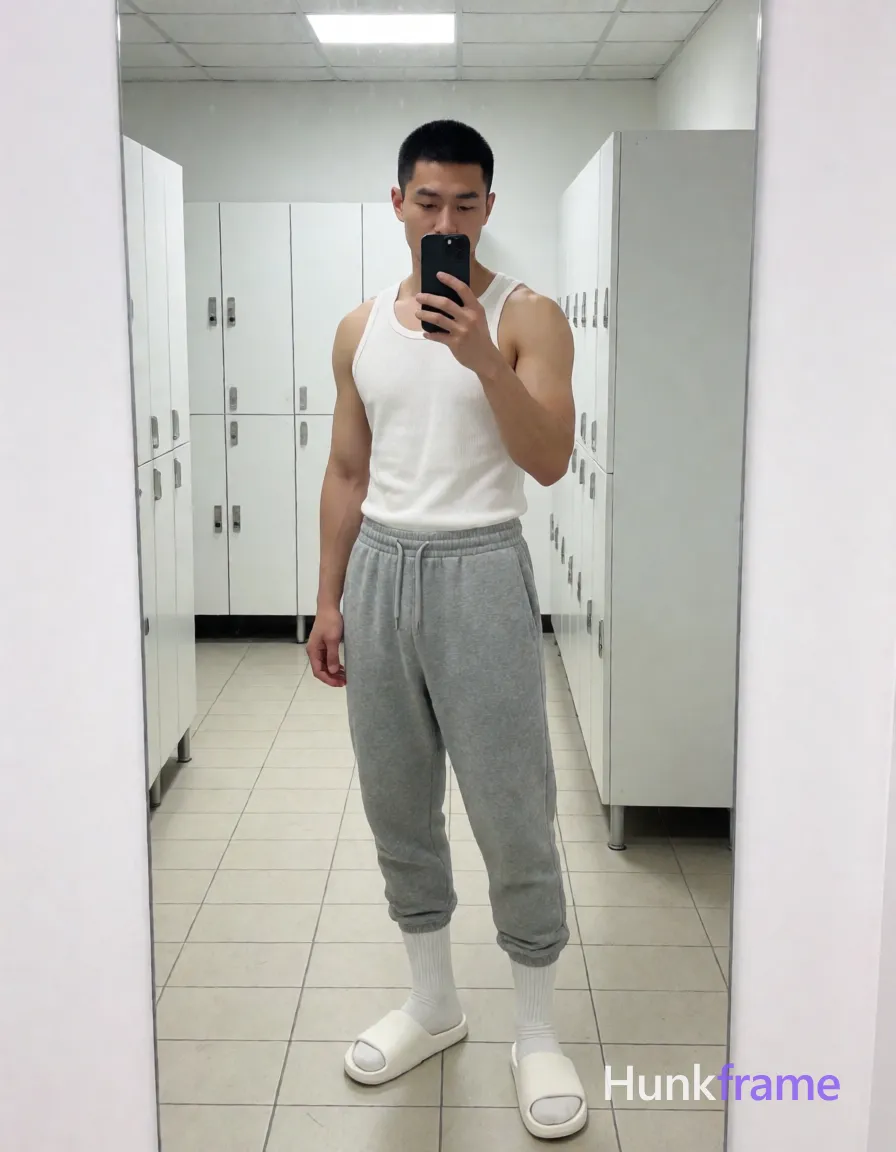 Asian man with short black buzz cut and light stubble stands full-body in front of a large mirror, facing forward with slight torso rotation left; He wears a white ribbed cotton sleeveless tank top exposing broad shoulders, defined pectorals, vascular arms, and neck; grey heathered sweatpants with drawstring sit at the waist over thick thighs clad in white crew socks pulled to mid-calf and white slide sandals; Right arm bent holding black smartphone vertically against chin taking a mirror selfie while left arm relaxes by side; Indoor locker room setting with white lockers and tiled floor under overhead fluorescent lights creating even illumination and soft shadows; High contrast between skin tones and clothing, minimalist composition centered on physique within the reflection, shot on iPhone 15 Pro main camera, authentic smartphone computational photography, natural Smart HDR and true-to-life skin texture, vertical 9:16 Xiaohongshu lifestyle feed, bright clean everyday scene, unretouched phone photo with subtle sensor grain, trendy Chinese internet 网红 aesthetic, candid influencer energy, phone held naturally; single clean uninterrupted photograph with a cohesive editorial composition and plain continuous surrounding surfaces