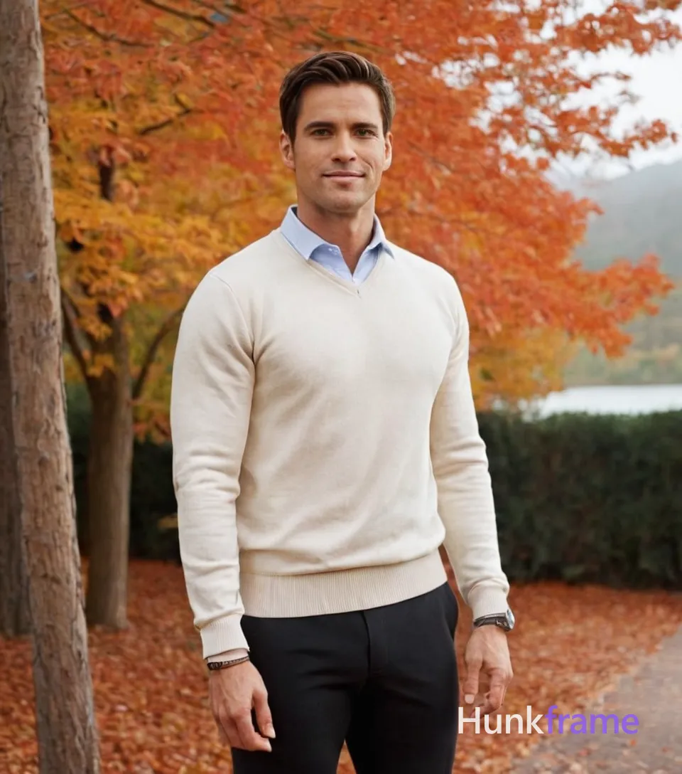a handsome masculine man standing straight with his head slightly tilted forward, wearing a black sweater over a white collared shirt. He has a slim and athletic build with thick muscular thighs not visible due to clothing. The scene is set in an empty environment with soft lighting and muted earth tones, creating a serene and contemplative mood. Pinkish trees are visible in the background, adding a touch of warmth. The image follows an 85:96 aspect ratio in vertical portrait orientation on a 960x1088 canvas
