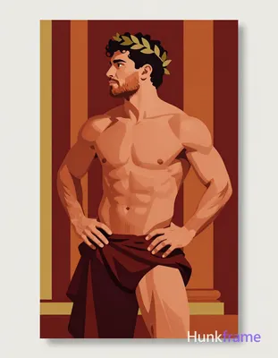 Bold flat-color wall art graphic of a bronze-skinned man with short dark curly h