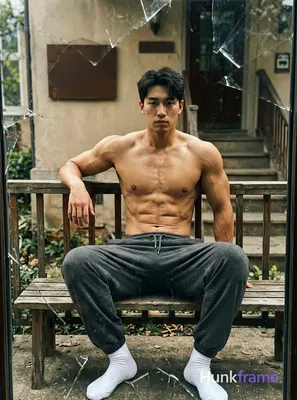 A handsome masculine man sitting on a wooden bench with one hand resting on a railing, leaning sligh