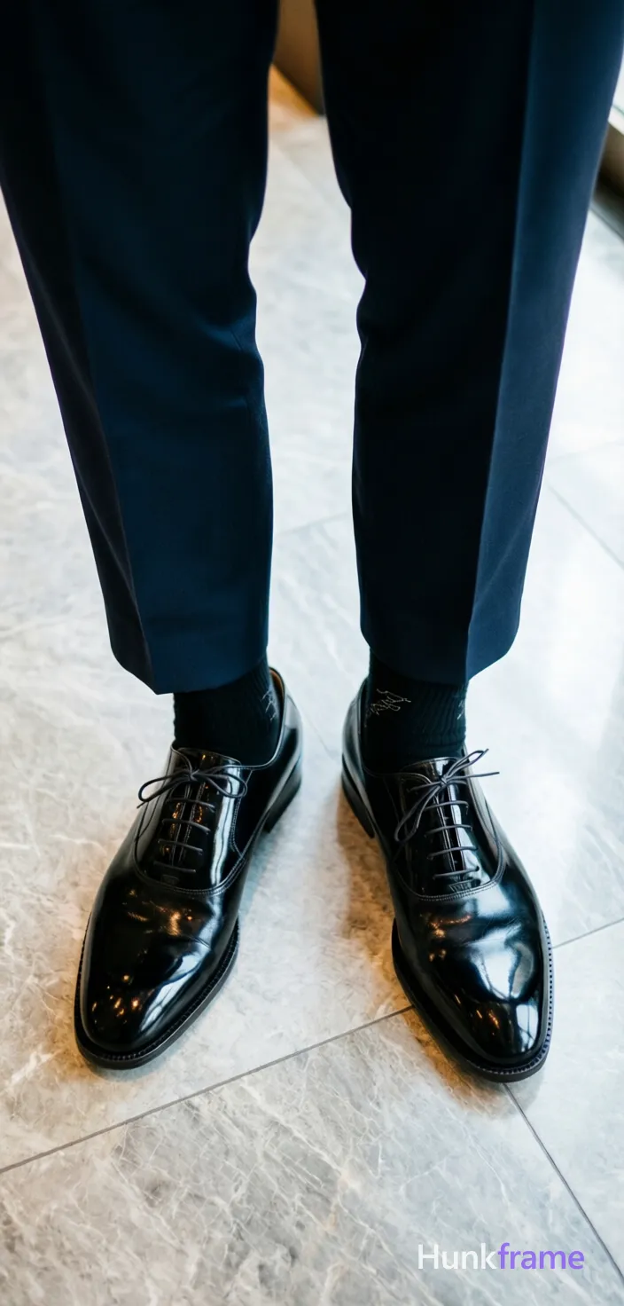 Top-down fashion editorial crop focusing on luxury footwear and tailored trousers. A handsome masculine man stands centered with legs slightly apart, viewed from above showing only lower body cropped at thighs and feet. He wears dark navy trousers paired with black ribbed socks featuring a faint script logo on the right sock, finishing in shiny black patent leather lace-up oxford shoes reflecting soft overhead ambient lighting. The setting is an indoor space with light gray marble or stone tile floor displaying visible grout lines. High-contrast specular reflections highlight the shoe texture against the neutral backdrop., a single uninterrupted photograph only, no written words or typography anywhere in frame, no captions, no app UI, no social-media post layout, no screenshot borders