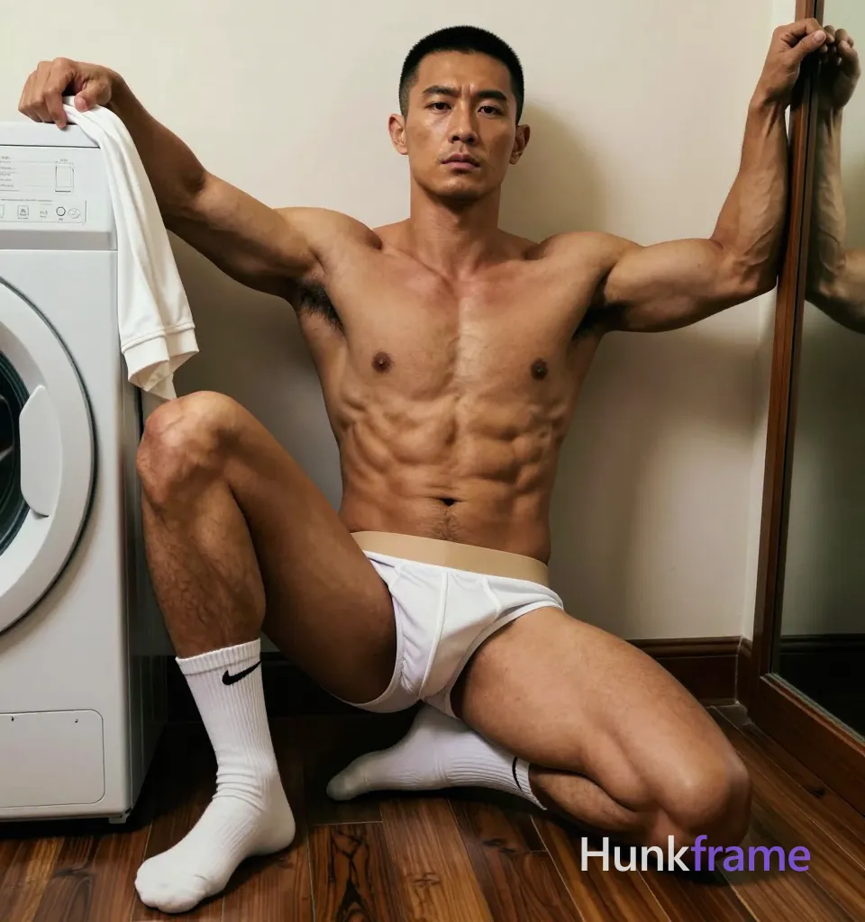 Asian man with medium-tan skin, short black buzz cut, clean-shaven jaw and light upper lip stubble, serious focused gaze; Kneeling on wooden laundry room floor, left knee forward flat, right leg bent behind torso twisted to face camera while leaning back against white washing machine; Shirtless adult male with highly muscular build, defined abs obliques broad shoulders thick thighs visible calf definition wearing white briefs with tan waistband and white crew socks black Nike swoosh logo holding white garment draped over right forearm gripping wooden-framed mirror on right side left hand supp vertical portrait 13:19 fine-art photography editorial composition dramatic directional lighting warm skin tones contrast dark wood floor intense masculinity homoerotic undertone tasteful suggestive framing sculpting light implied exposure teasing pose; single clean uninterrupted photograph with a cohesive editorial composition and plain continuous surrounding surfaces
