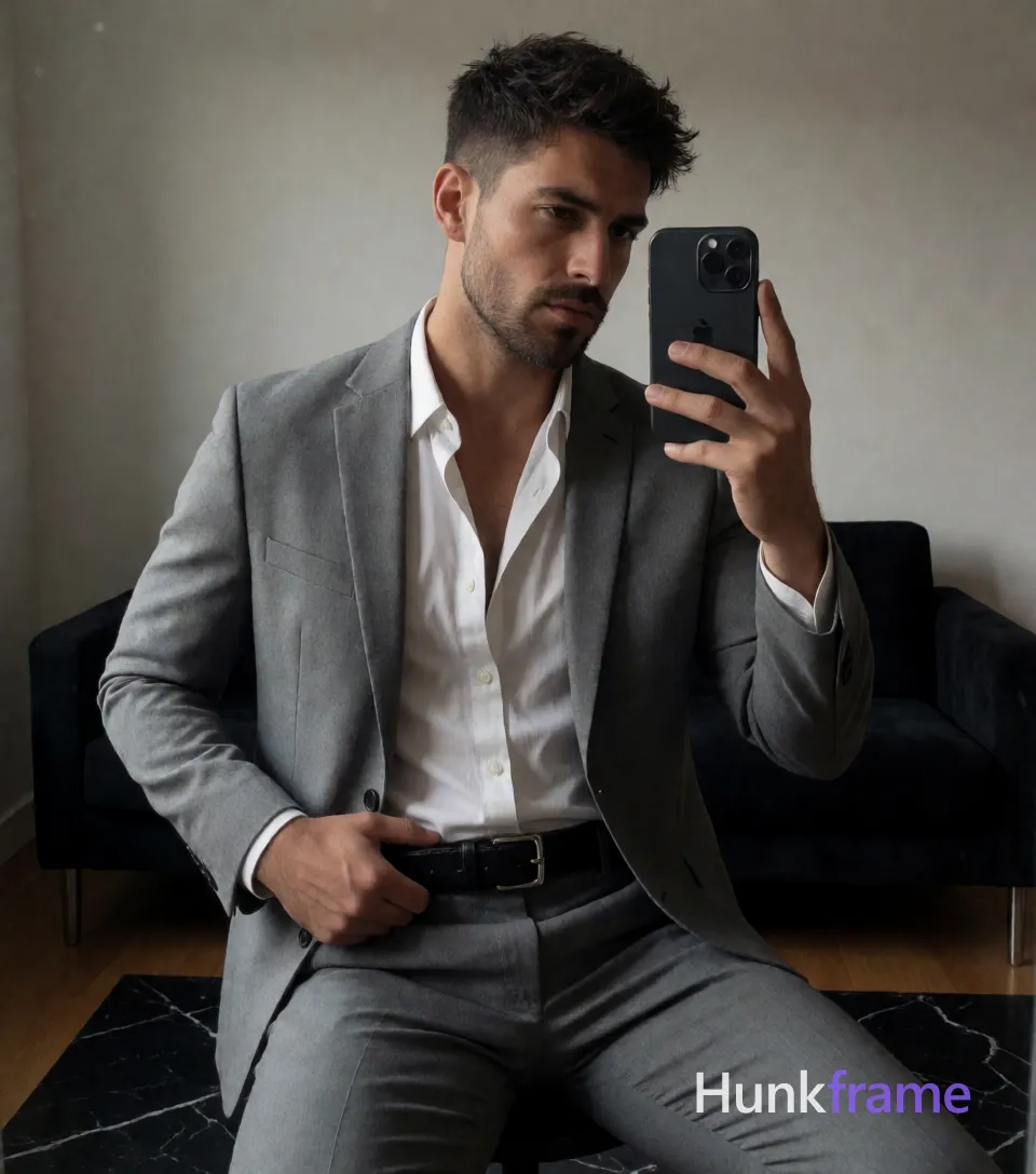 Photograph of exactly 1 adult man. Man 1: light-medium, square-jawed with defined cheekbones, short textured crop, dark brown to black, slightly tousled top and faded sides, short full beard and mustache, neatly trimmed. Man 1 has fully exposed eyes, eyebrows, temples and nose bridge. Broad shoulders, thick thighs define the seated adult male pose. Man holds black leather belt near waist while taking mirror selfie with phone. Grey suit jacket over unbuttoned white shirt revealing chest hair on grey trousers. Vertical portrait crop centers left subject against plain wall in front of black sofa. Indoor room features wooden flooring, black marble rug, and soft directional lighting. Dramatic shadows sculpt the face and clothing within a high-fashion editorial aesthetic. Fine-art photography captures confident casual elegance with homoerotic undertones on grey palette. }