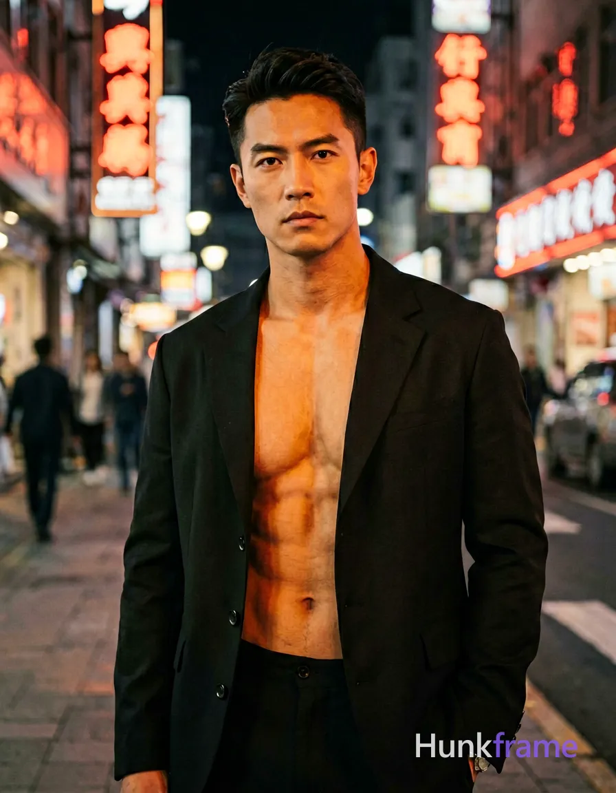 A handsome Asian man standing confidently in an urban setting at night. The subject is shirtless with a black jacket with buttons, revealing his bare chest and muscular build. He stands slightly angled towards the camera, illuminated by vibrant neon signs that cast warm, dynamic light on him. The background showcases bustling city streets with muted tones and pops of red from the neon lights. His dark hair is neatly styled, framing his serious expression. The overall mood is one of urban sophistication and masculine confidence